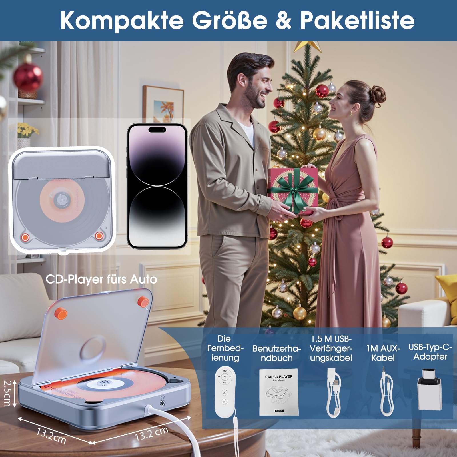 CD Player für Auto mit USB/AUX-Anschluss, CENXINY Externer CD-Player kompatibel mit Auto Radio, universeller Player fürs Fahrzeug, mit AUX-Kabel/USB-Verlängerungskabel