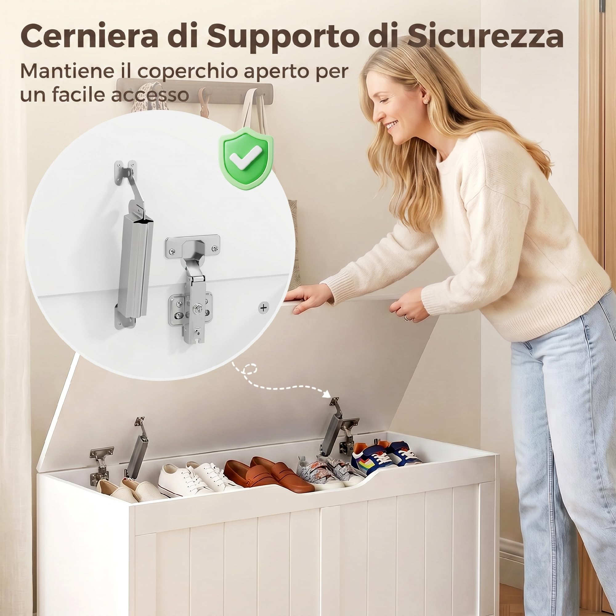 HOMCOM Cassapanca Contenitore da Interno 136L 100x40x45 cm Bianco | 2 Cerniere di Sicurezza, Baule Design Senza Maniglie, per Soggiorno e Ingresso, Panca Contenitore Moderna