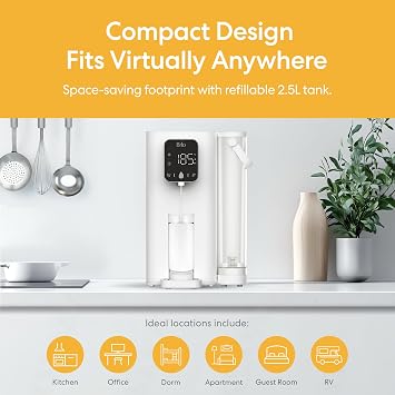 Brio SIMPL Countertop Water Dispenser, 3 Stage Water Filter & Adjustable Instant Hot Water | Easy Access Refillable 2.5L Tank | Tall 8.5 Dispense Height, LED Touch Controls, White