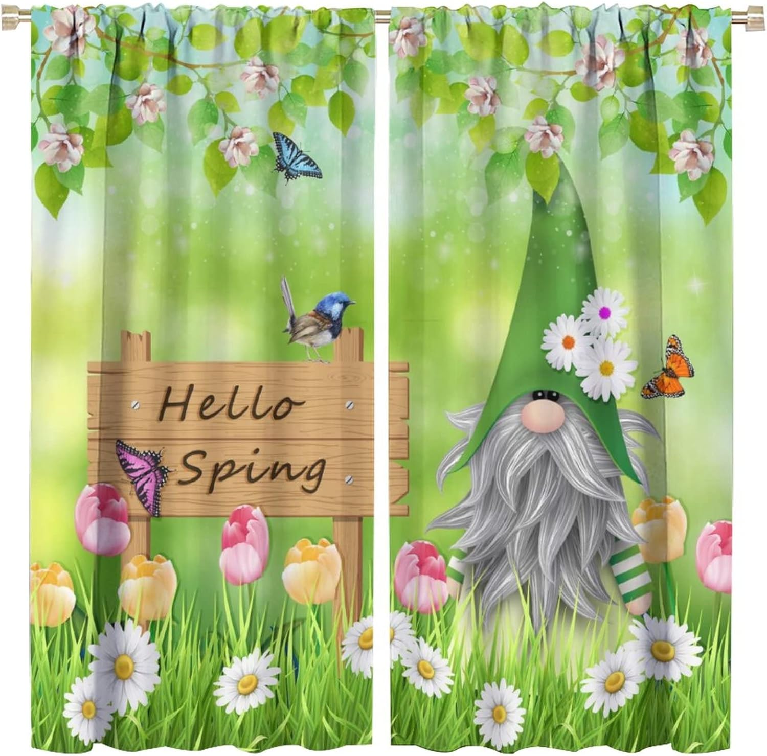 Hello Spring Gnomes Rod Pocket Blackout Curtains for Living Room,Noise Reduction Fairy Tale Forest Green Leaves Butterfly Daisy Tulip Window Curtains,2 Panels 45L x 21W