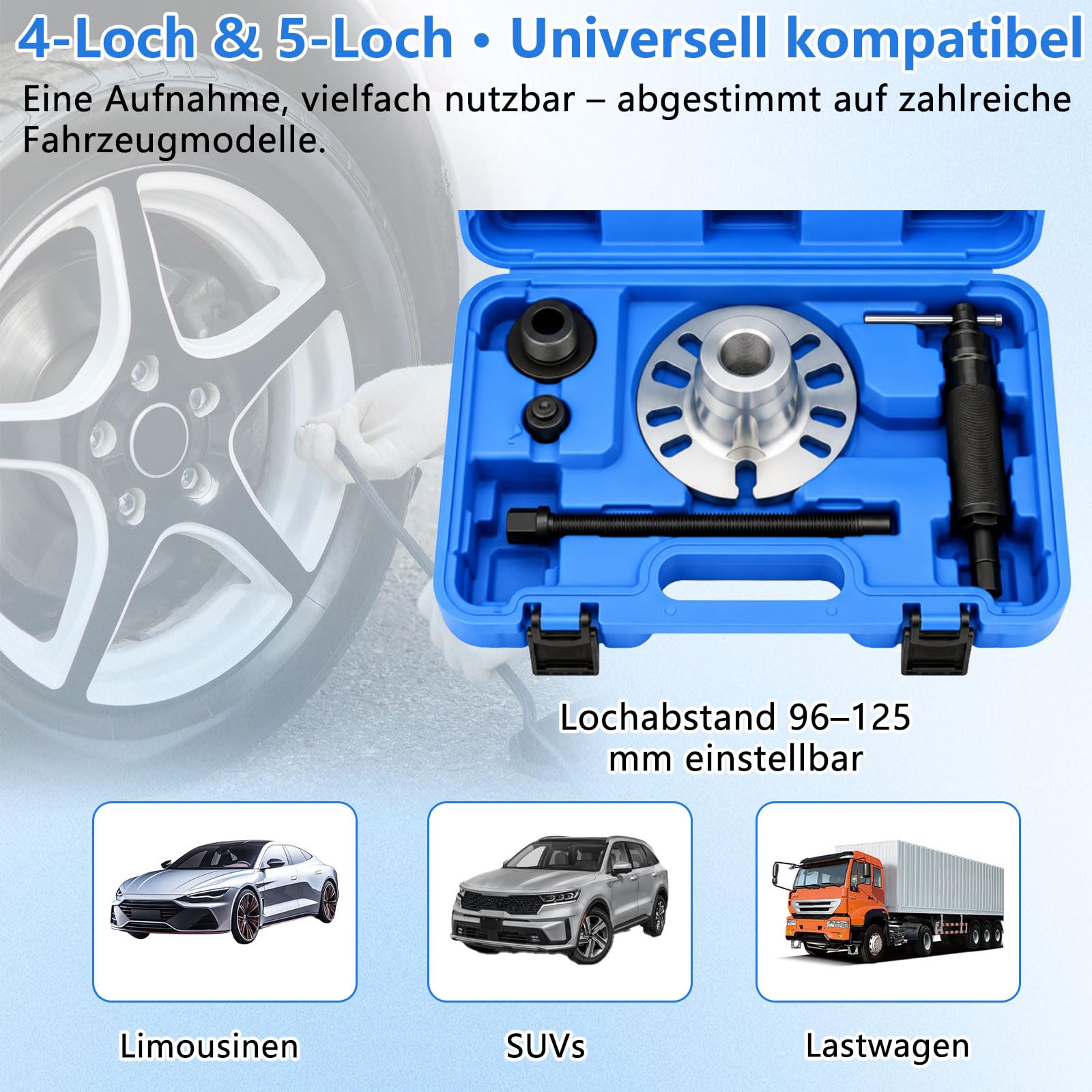 12-Tonnen-Hydraulik-Radabzieher-Set, 5-teilig, für 4/5-Loch-Felgen, 96–125 mm, mit manueller Hydraulikwelle