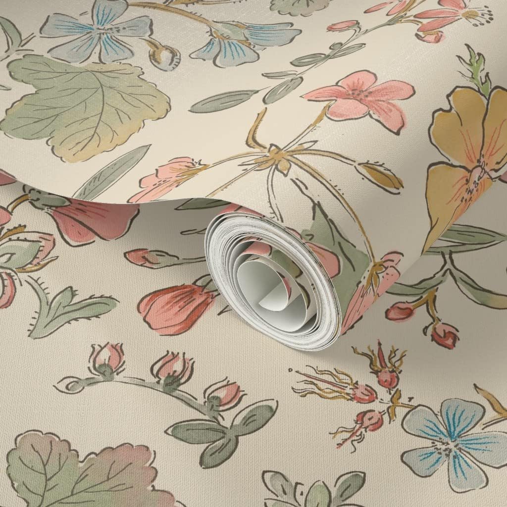 Spoonflower Peel & Stick Wallpaper 6ft x 2ft - Floral Watercolor Vintage Flowers Retro Antique Custom Removable Wallpaper