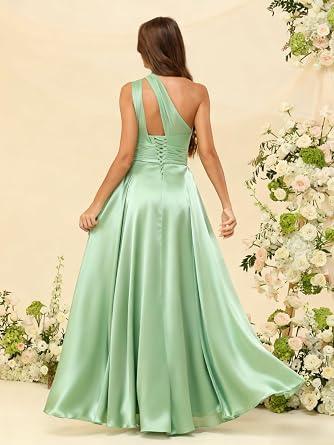One Shoulder Bridesmaid Dresses for Women Satin A Line Pleated Formal Evening Gown with Pockets