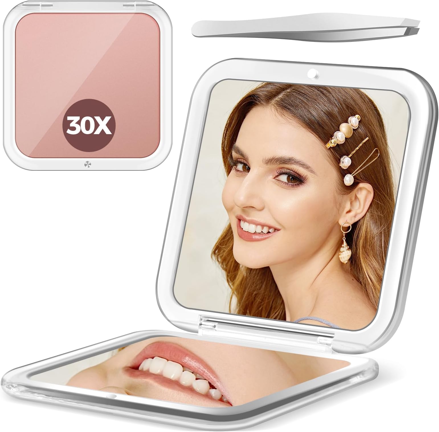 Magnifying Mirror, 30X Pocket Travel Make up Mirror, 3.3x3.3 inch Small Compact Mirror, 2-Sided Mini Mirror for Home and Outside, Portable Multi-Purpose Travel Mirror, Precision Tweezers, Rose