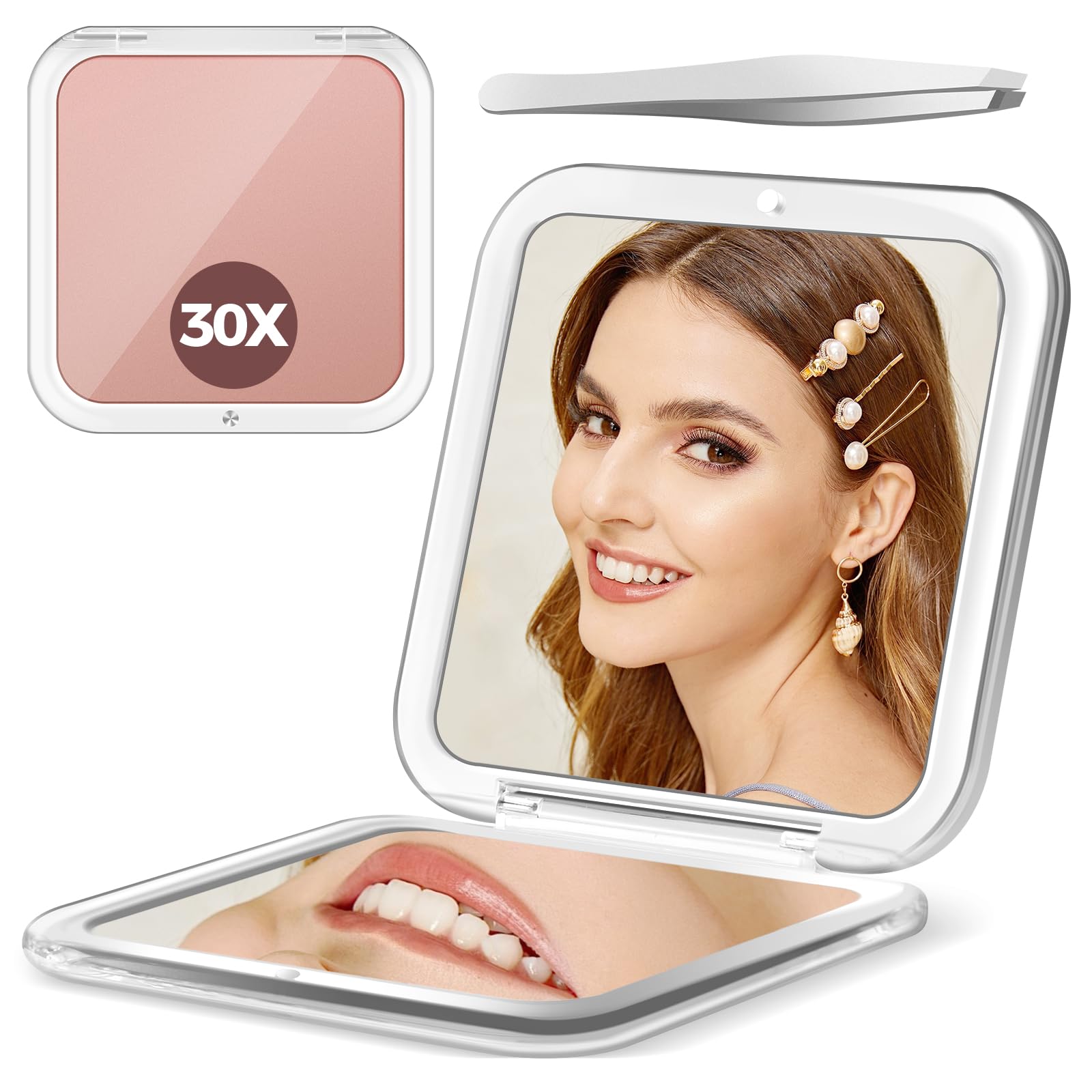 Magnifying Mirror, 30X Pocket Travel Make up Mirror, 3.3x3.3 inch Small Compact Mirror, 2-Sided Mini Mirror for Home and Outside, Portable Multi-Purpose Travel Mirror, Precision Tweezers, Rose