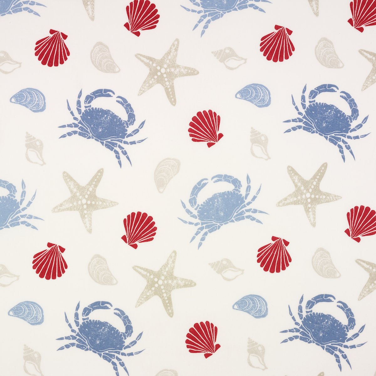 Blue, Red and Taupe Seashells and Crabs Oilcloth Wipe Clean Tablecloth 134cm x 230cm (53" x 91") Long