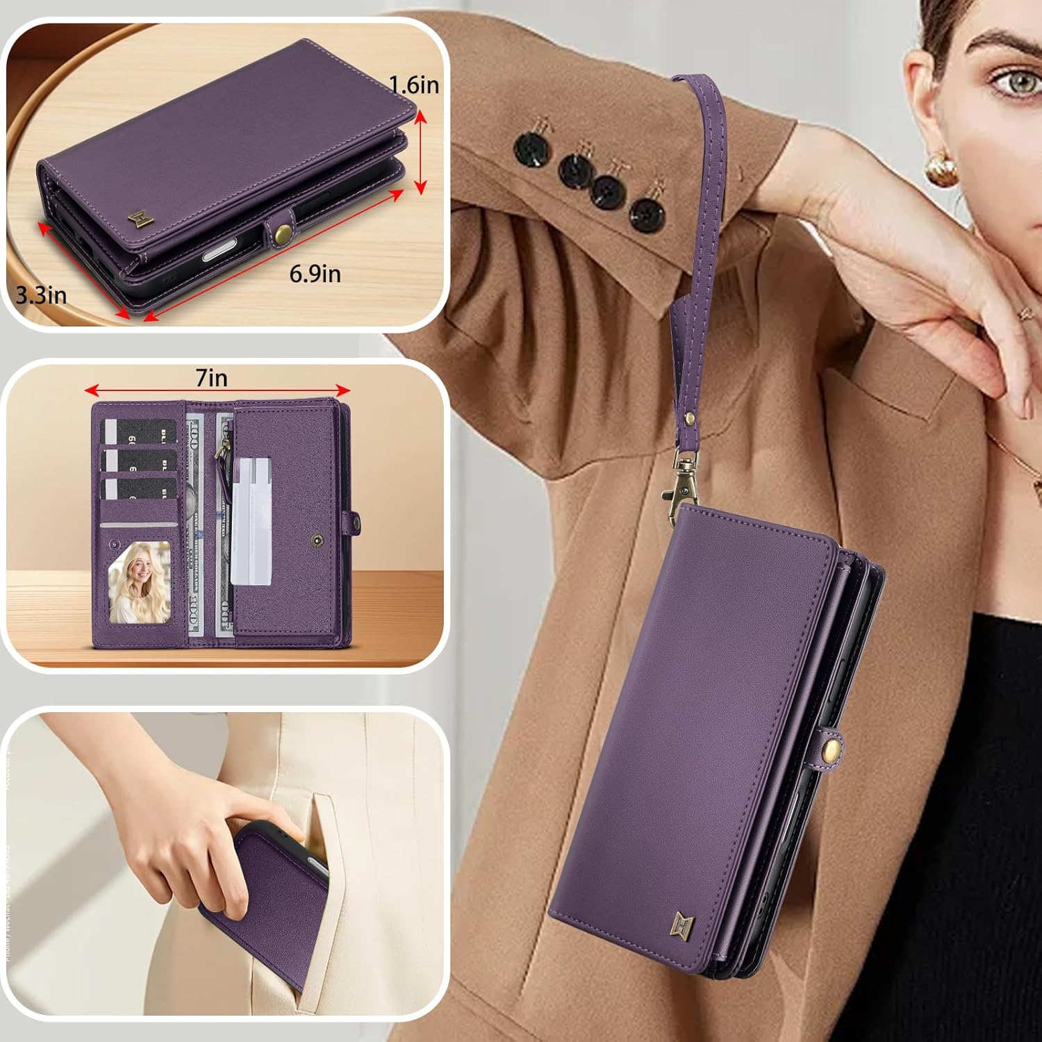 for Wallet Case Compatible with iPhone 17 Pro Max,Multi-Function Detachable 3 in 1 Magnetic iPhone 17 Pro Max Case Wallet,Flip Strap Zipper Card Holder Phone Case with Shoulder Straps (Pruple)