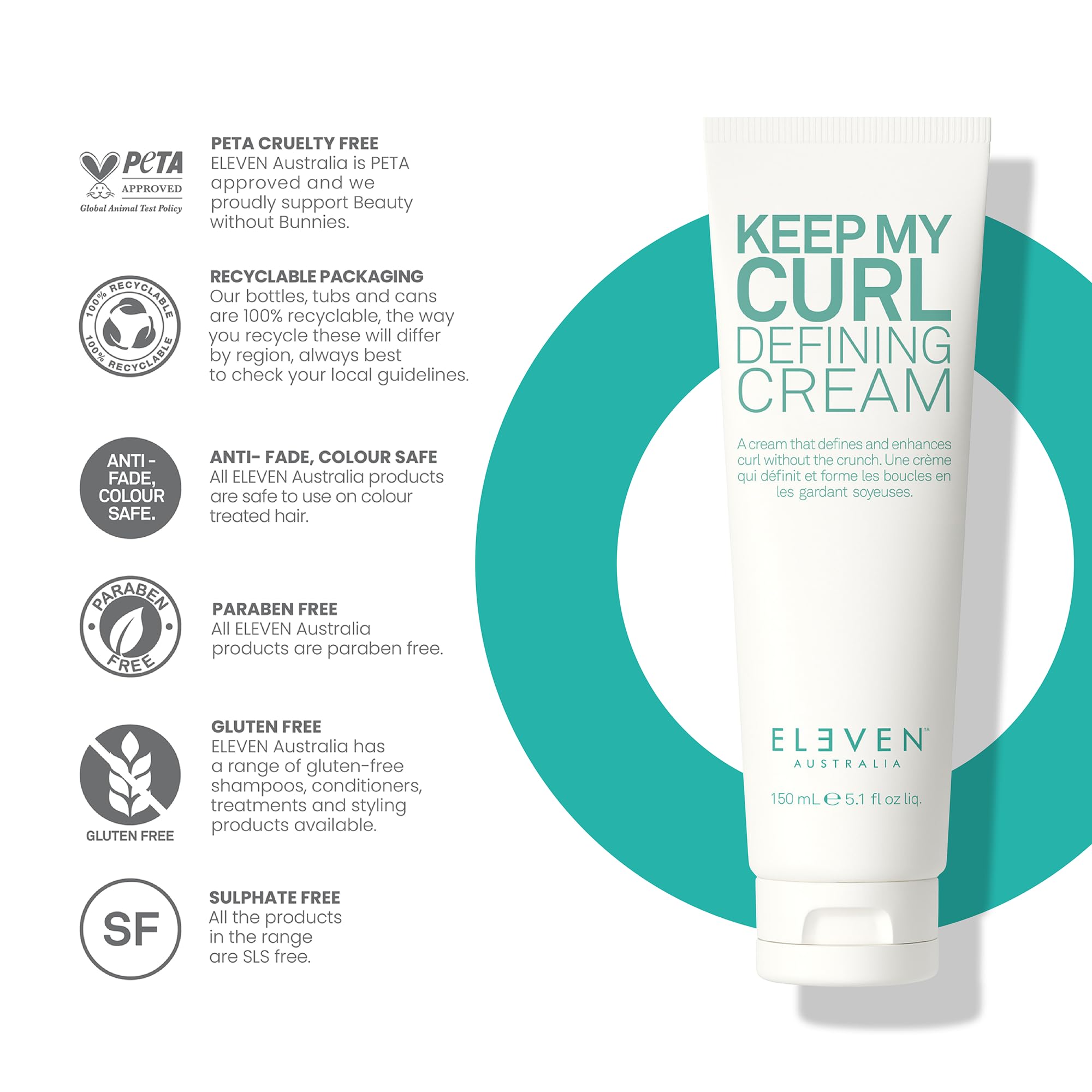 ELEVEN Australia Keep My Curl Defining Cream – Crème de Définition Anti-Frisottis pour Cheveux Bouclés et Ondulés – Au Quinoa et Thé Vert – Végan – 150ml