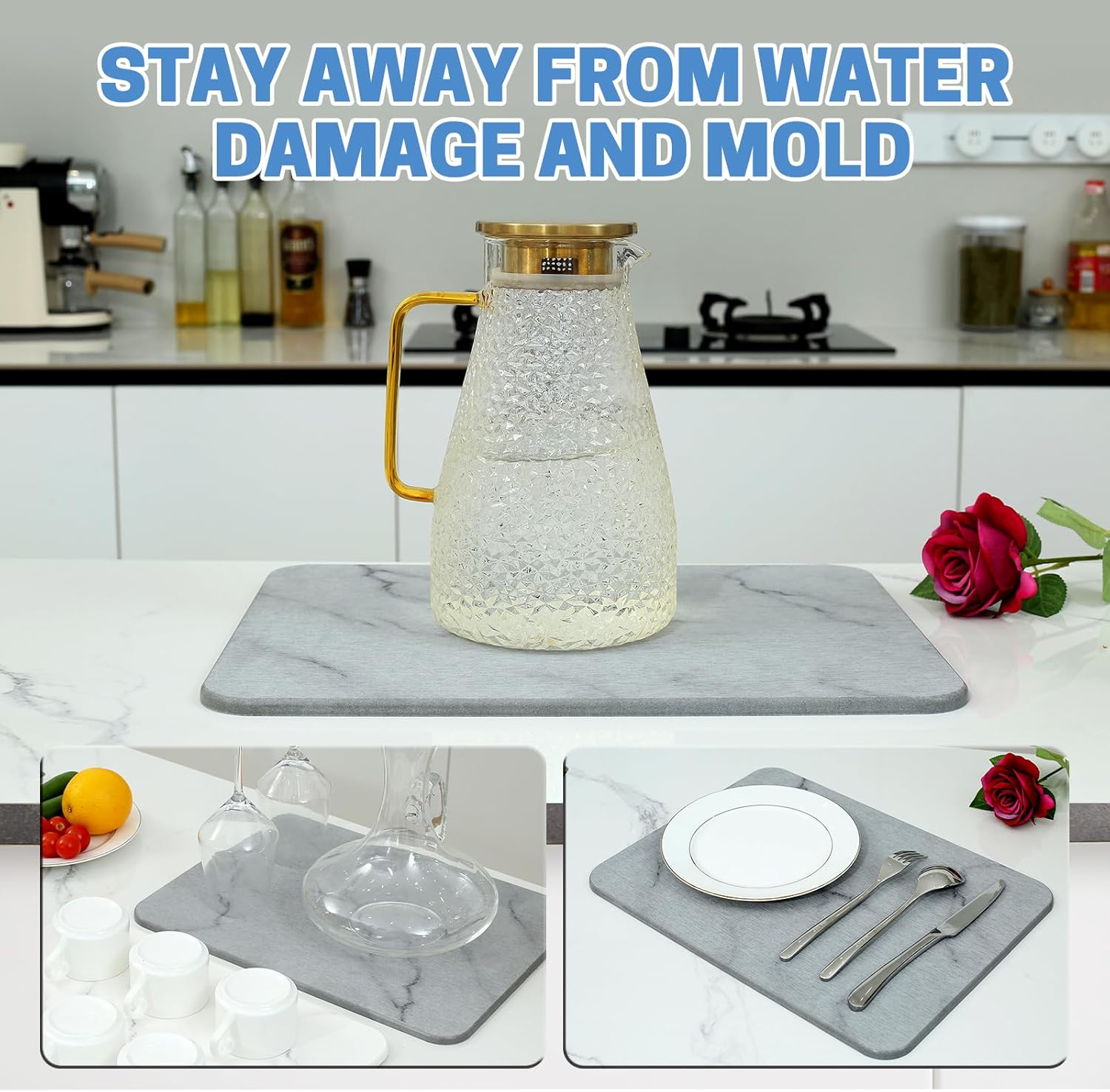 2PCS Quick Dry Stone Drying Mat for Kitchen Counter Stone Dish Drying Mats Water-Absorbent Diatomaceous for Cups Dishes Bottles Multiple Usage L16" x W12" Light Gray-Marble