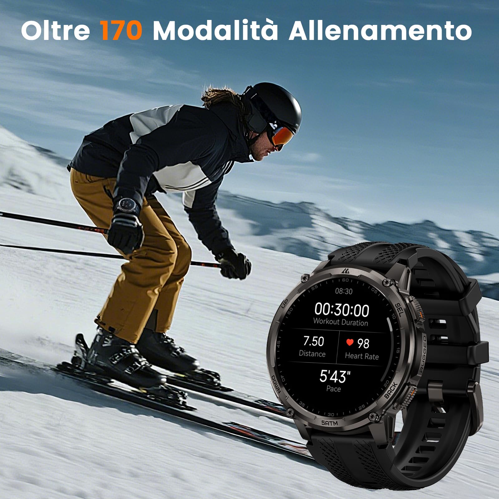 KOSPET Tank T4C Smartwatch Uomo Rugged con Torcia Integrata, 5 ATM & IP69K | GPS a 6 Satelliti, Batteria 15 Giorni, Monitor Sonno e Frequenza Cardiaca, 170+ Modalità Sportive per Android & iPhone, Nero