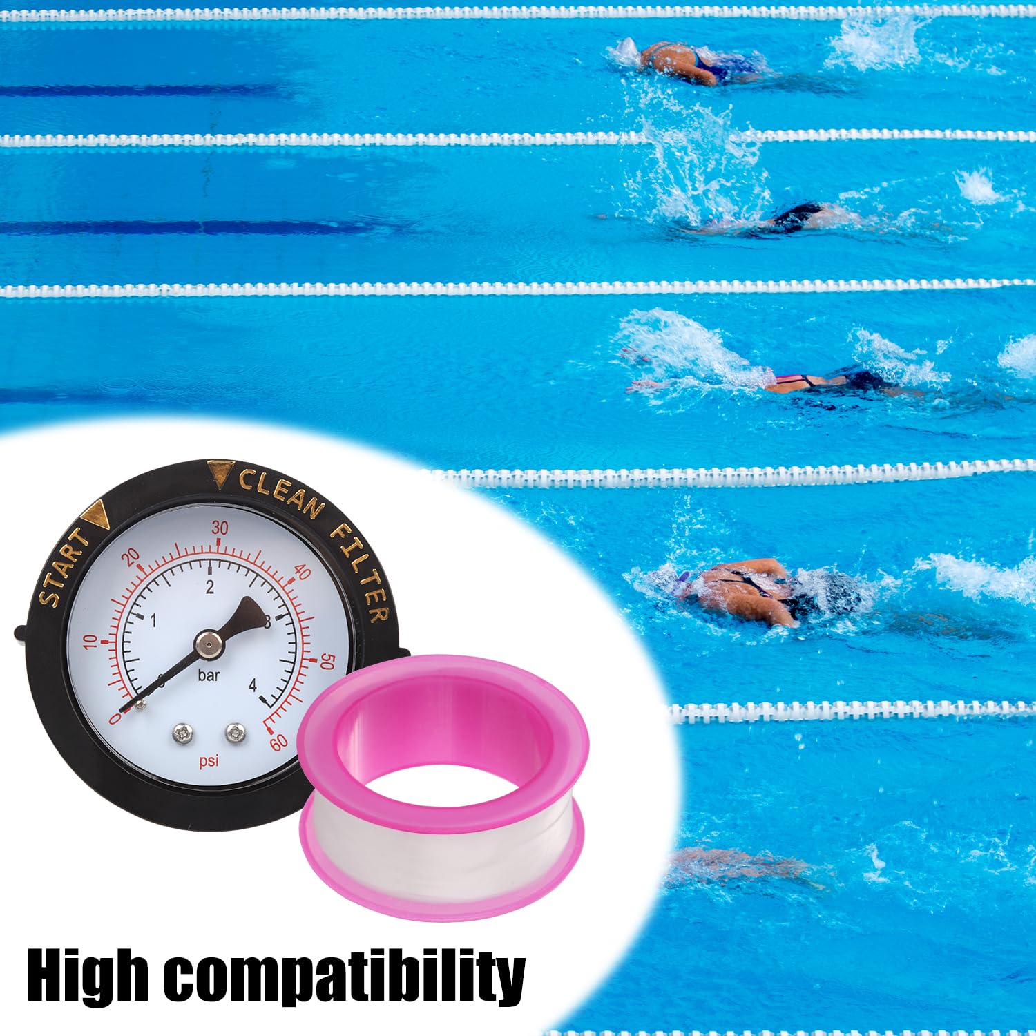 Manomètre de Filtre Piscine 0-60PSI avec Ruban d'Étanchéité, 1/4 NPT Montage Arrière Manomètre de Pression d'Eau Indicateur de Filtre Propre pour Piscines Pompes Spa Aquarium Test de Pression
