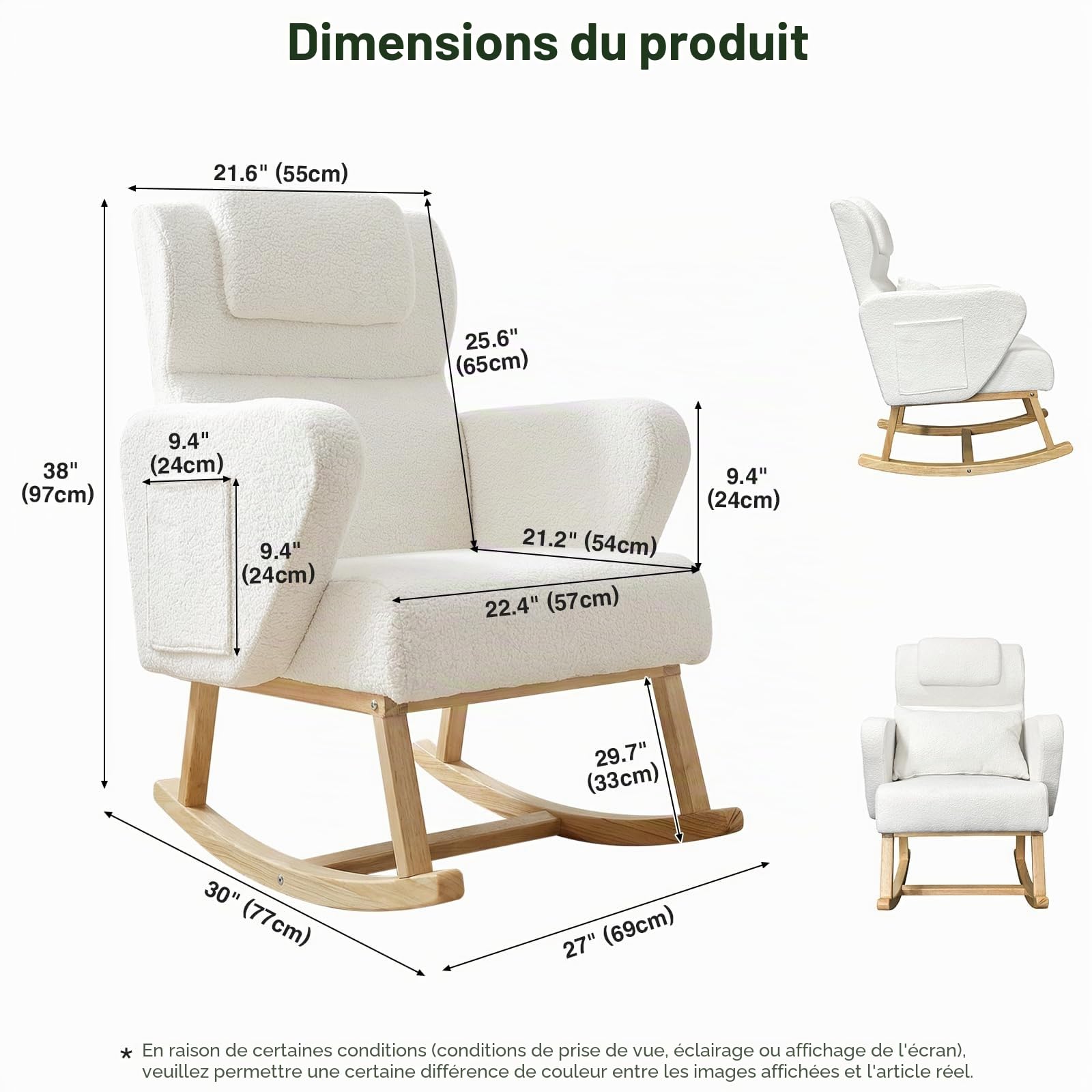 Fauteuil à Bascule avec Pieds en Bois Massif Rocking Chair avec Accoudoirs, Fauteuil Allaitement, Jusqu'à 136 kg, Fauteuil Relax de Lecture Confortable pour Salon Chambre à Coucher