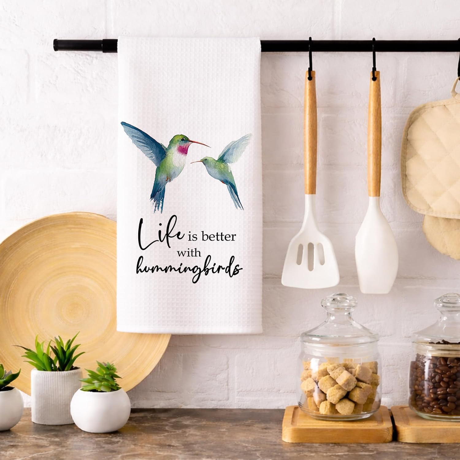 Hummingbird Kitchen Towels, Life is Better with Birds Decorative Dish Towels Gift for Bathroom Kitchen Lovers, Rustic Farmhouse Watercolor Hand Tea Bar Towel for Home Apartment Dorm 16x24in