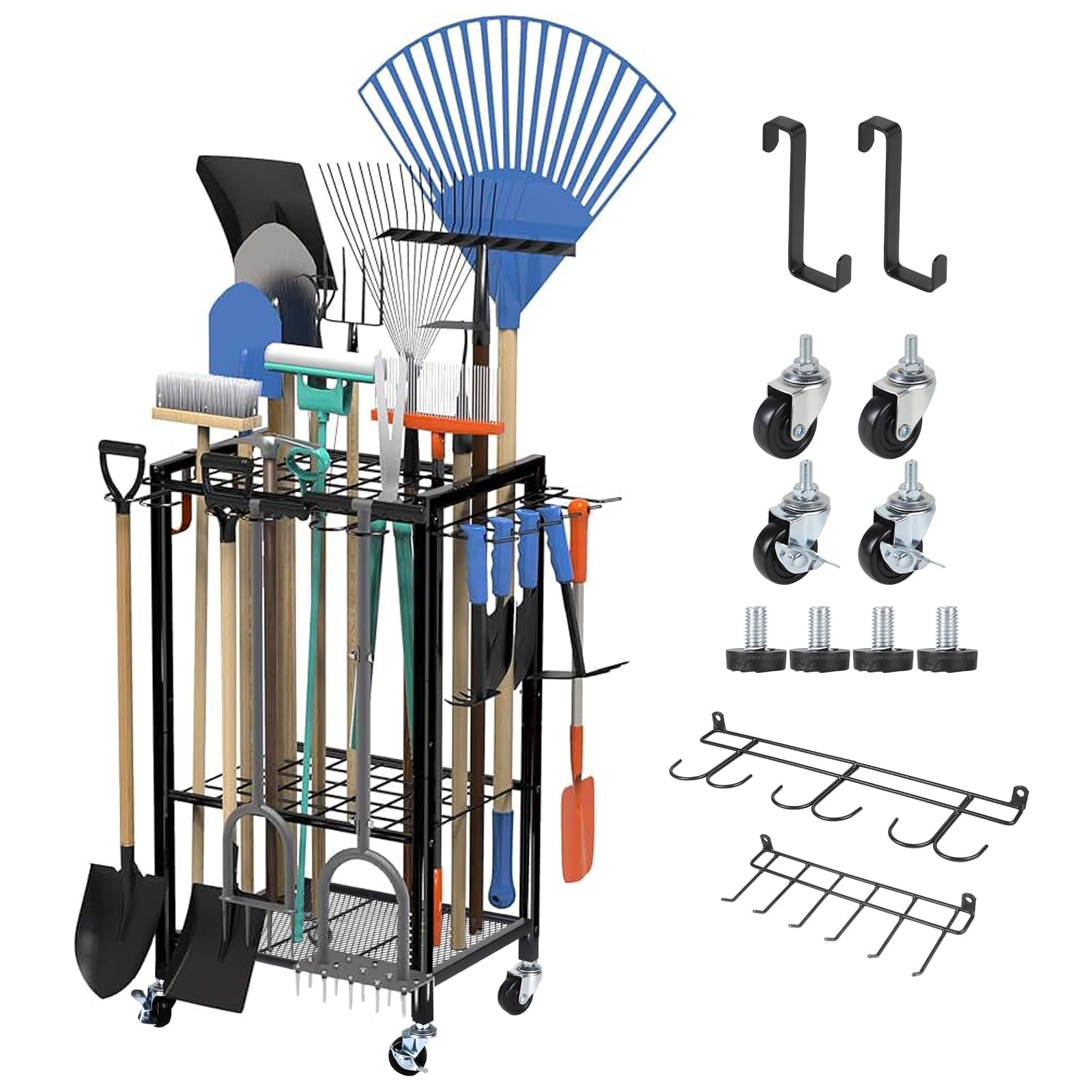 efuturetime Organizer na narzędzia ogrodowe z kołami, metalowy uchwyt na narzędzia ogrodowe, przechowywanie 50 narzędzi 80 x 40 x 32 cm do przechowywania miotły, łopat i grabiarek do garażu, szopy