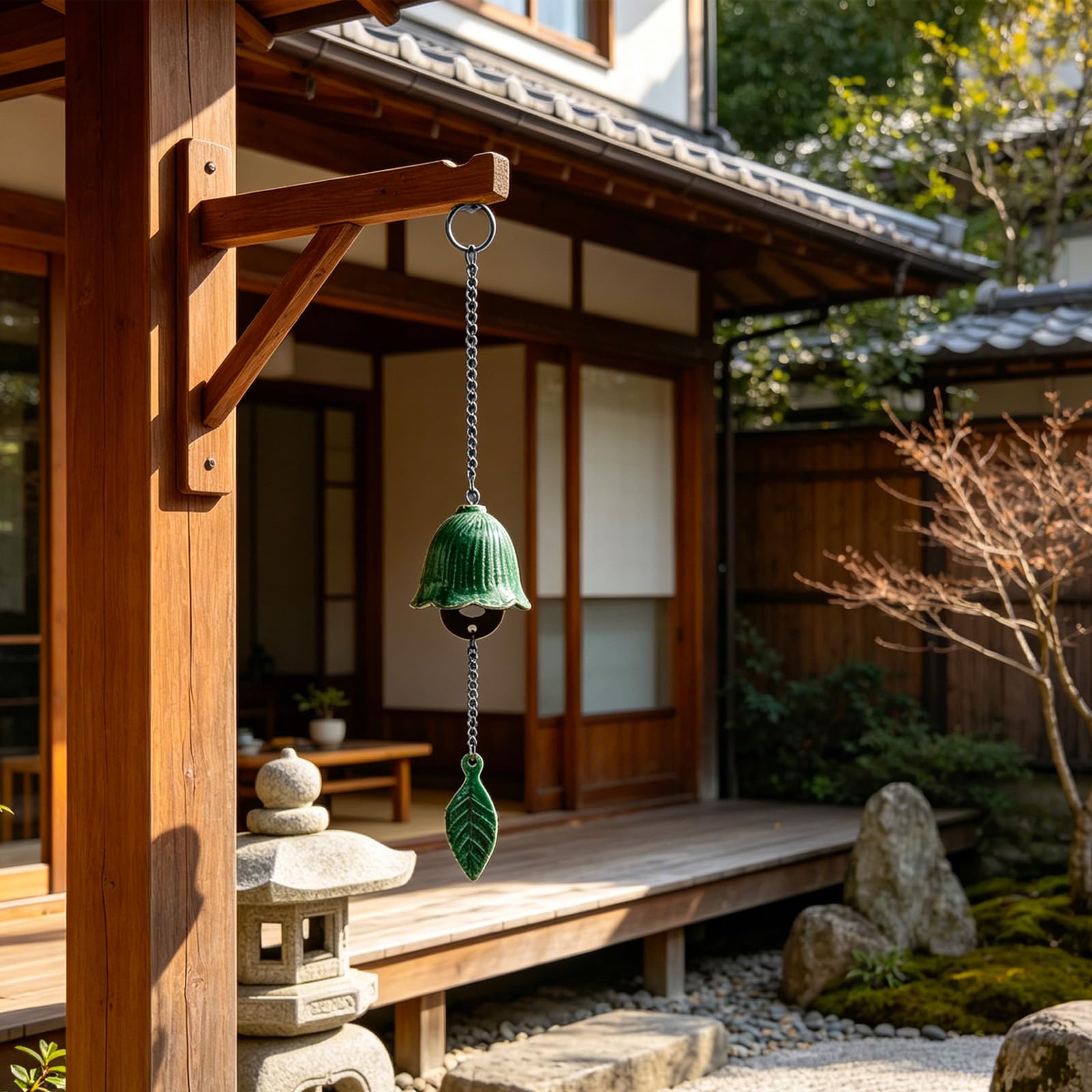 Japanisches Blatt-Windspiel, kleine Windglocke, Anhänger zum Aufhängen im Freien, Gusseisen, Windspiel, Ornament für Segen, Garten, Hinterhof, Heimdekoration (Grün)