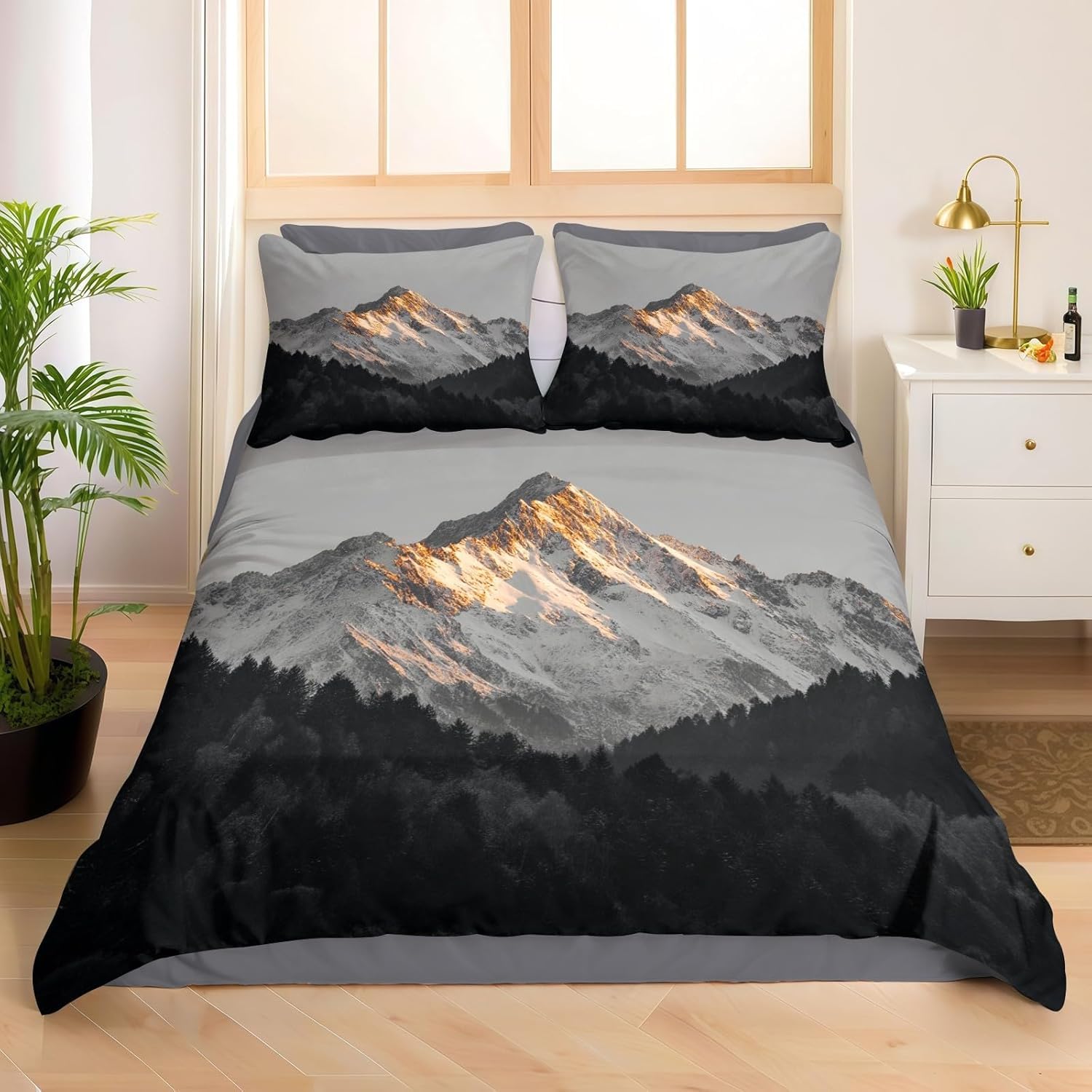 Funda Nordica Cama 105 Juvenil Paisaje de Montaña Nevada Funda Edredon 200x200 Gris 3D Fundas de Edredón Microfibra Suave Ropa de Cama de 3 Piezas con Cremallera y 2 Fundas de Almohada K-1342
