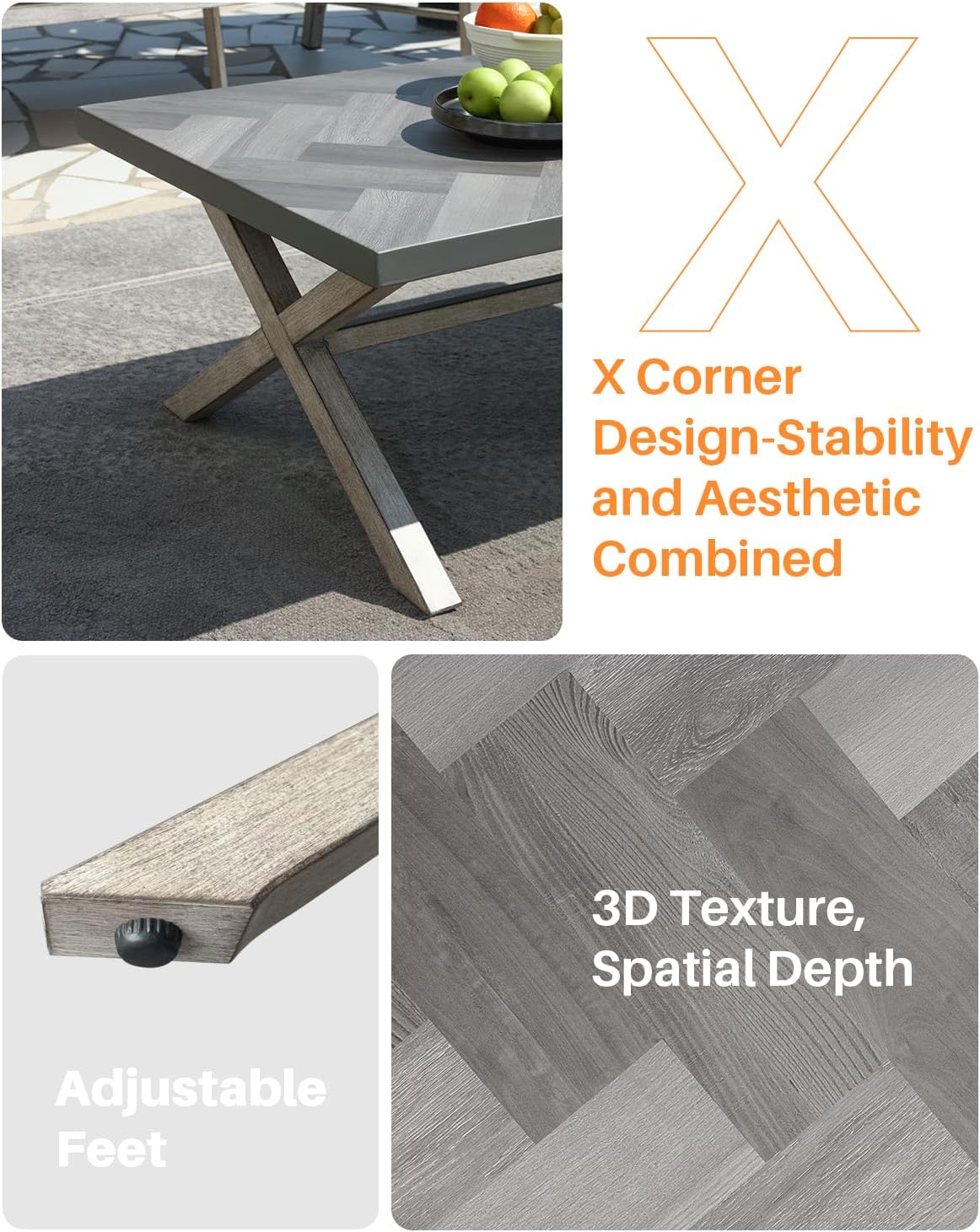 Aluminum Outdoor Coffee Table, Never Rusts Rectangle Patio Coffee Table with Resin Tabletop, Aluminum Outdoor Furniture Coffee Table for Patio, Poolside, Garden, Balcony, White Oak