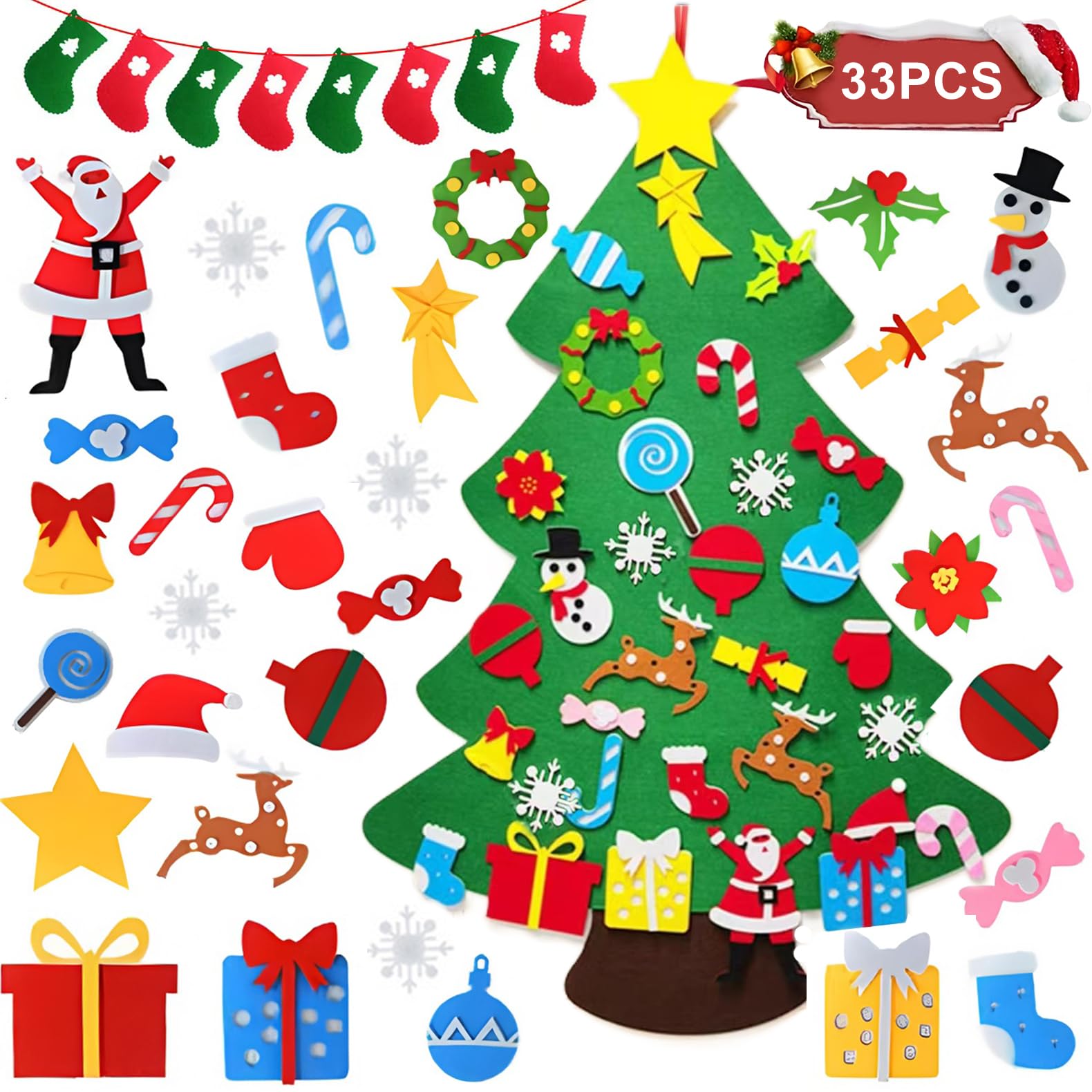Doofe 33Pcs Felt Christmas Tree, Diy Christmas Trees For Toddlers, Wall Hanging Xmas Trees With Socks Banner, 3.28Ft Xmas Tree With Santa Claus Snowman Elk Ornaments For New Year Winter Holiday Decorations