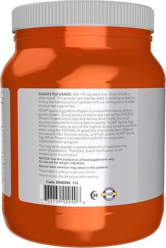 Miniatura 3 de NOW Foods Nutrición Deportiva, Proteína de Clara de Huevo, 16 g con BCAAs, Polvo Sin Sabor, 1.2 Libras