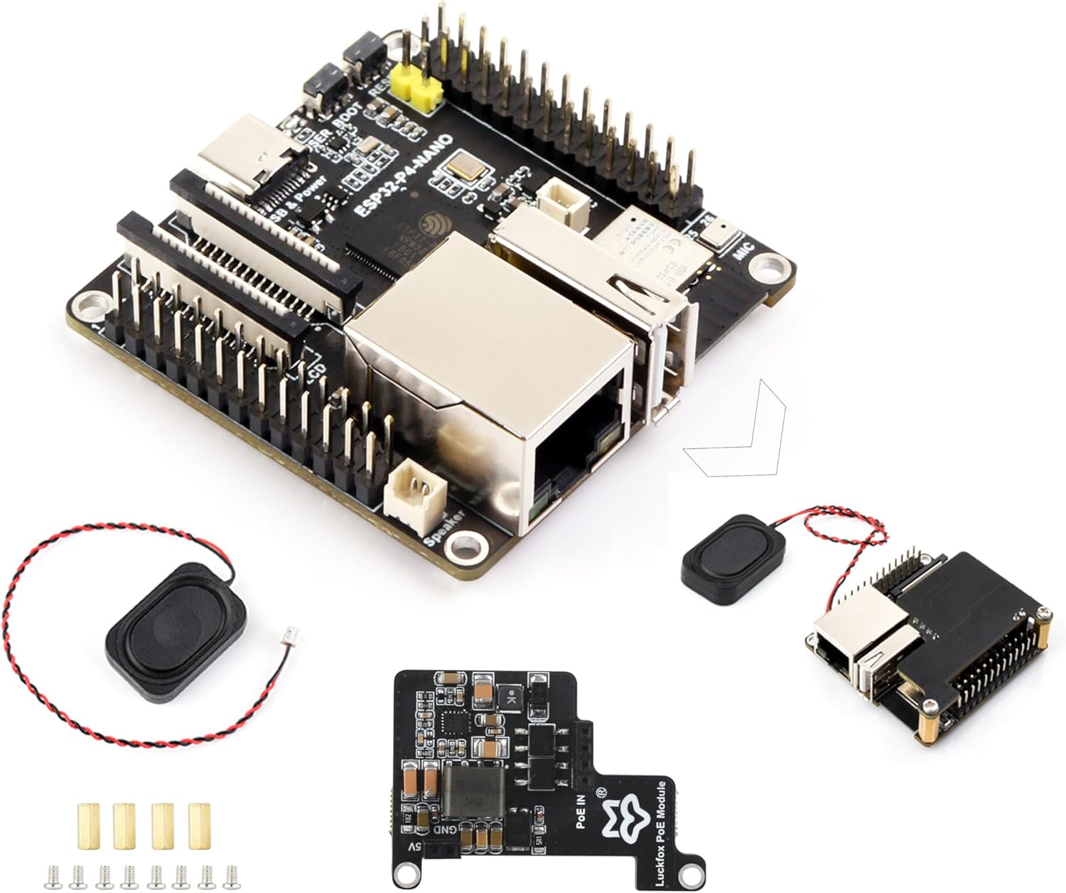 ESP32-P4-NANO PoE Development Board, ESP32-P4 RISC-V Dual-Core and Single-Core Processors, with MIPI-CSI, MIPI-DSI, USB, ETH, etc. Comes with Speaker and PoE Module, 4 Items