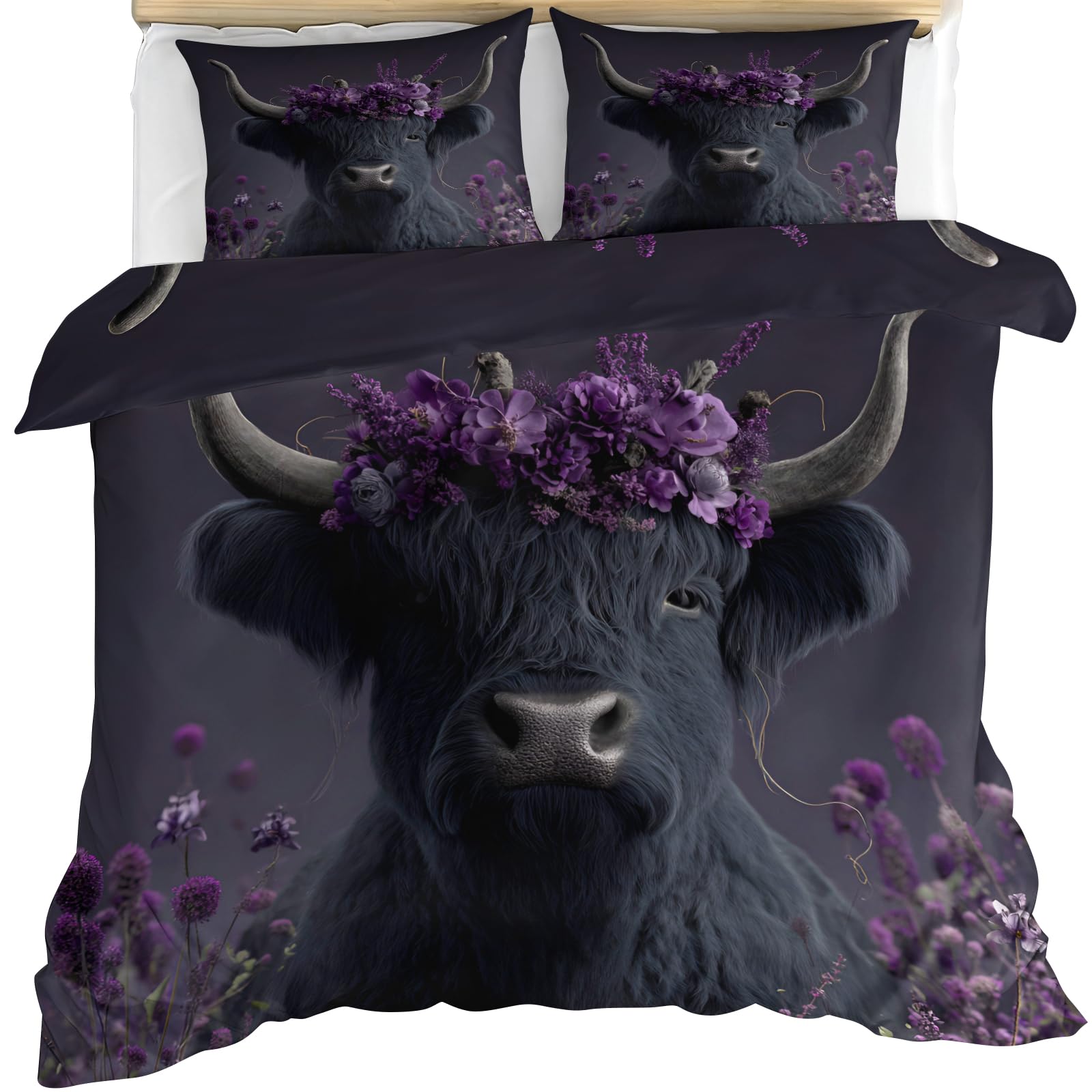 YEMYOR Highland Cow Comforter Cover King 230x220 cm, Farmhouse Highland Cattle Bedding Set, Western Bull Purple Floral Duvet Cover with 2 Pillowcases