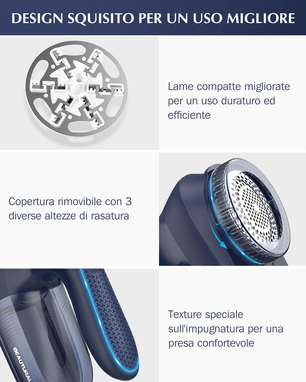 BEAUTURAL Levapelucchi Elettrico Domestico, Rasoio Elimina Pelucchi Potente ed Efficace per abiti e tessuti, con Alimentatore AC e Batteria per Rimuovere Lanugine, Perfetto per la Famiglia