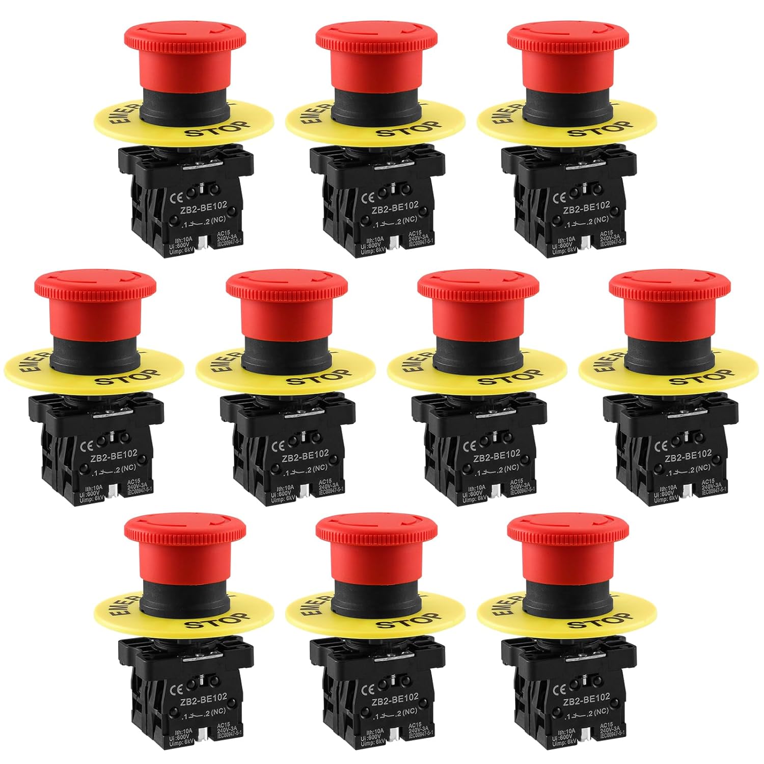 Baomain 22mm Push Button Switch 2NC N/C Red Mushroom Emergency Stop 600V 10A ZB2-BE102 (10PCS)