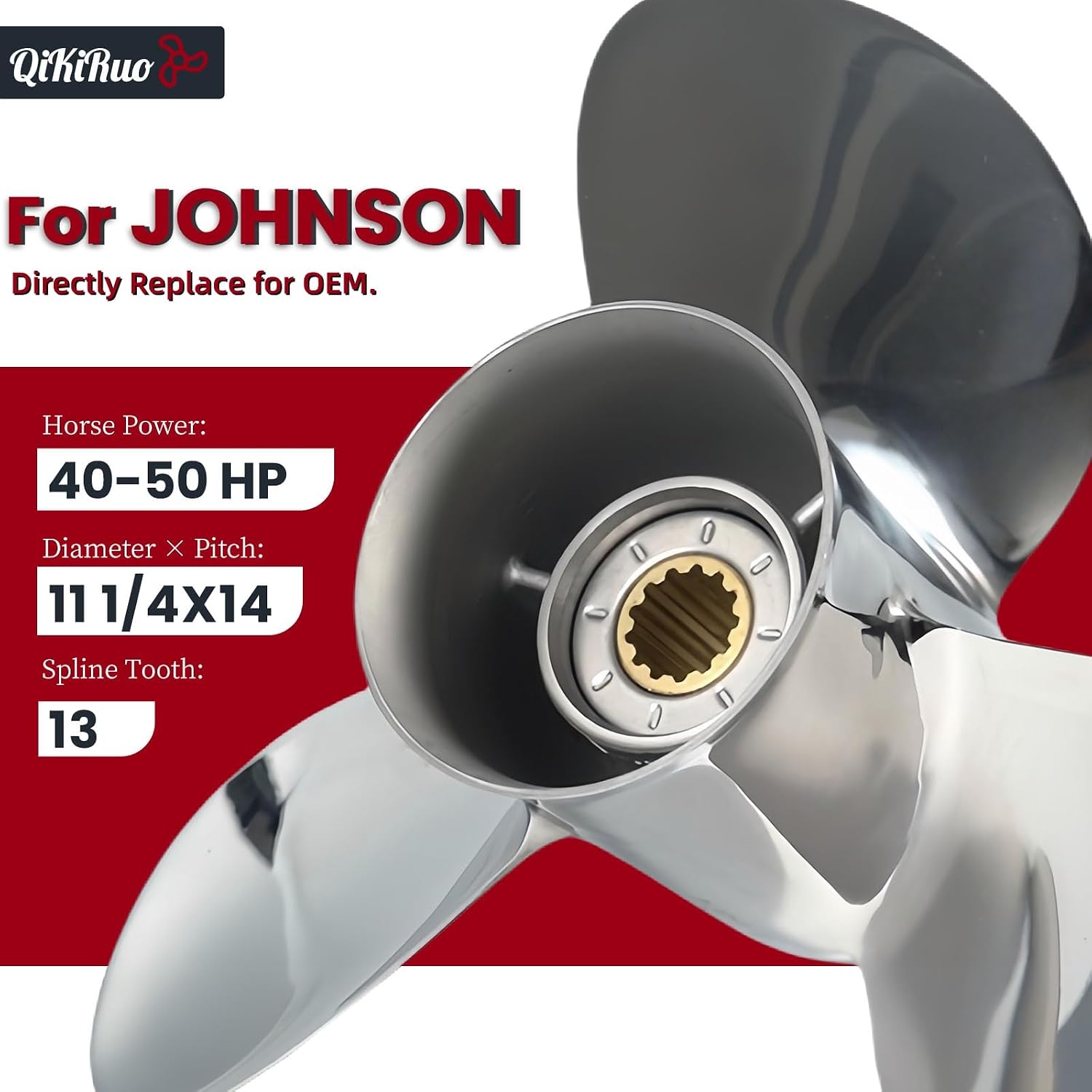 11 1/4X14 for BRP,Johnson,Evinrude,OMC Stern Drive 40HP,50HP Stainless Steel Propellers,13 Spline Tooth,4331-111-14,RH