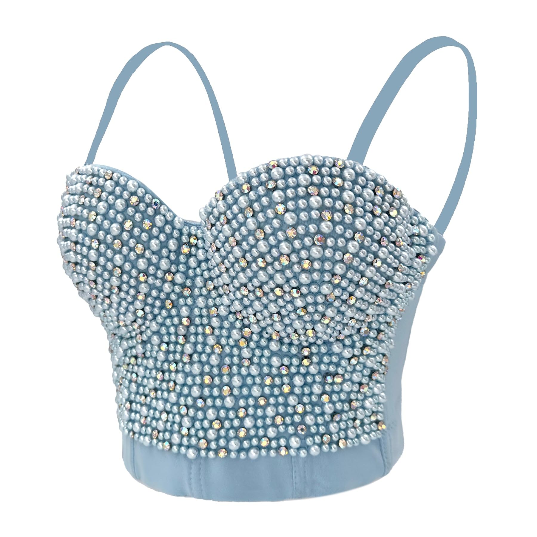 ELLACCI Sexy Bustier mit Perlen und Strasssteinen, bauchfreies Top, Push-Up-Korsett-Top mit abnehmbaren Trägern, Blau