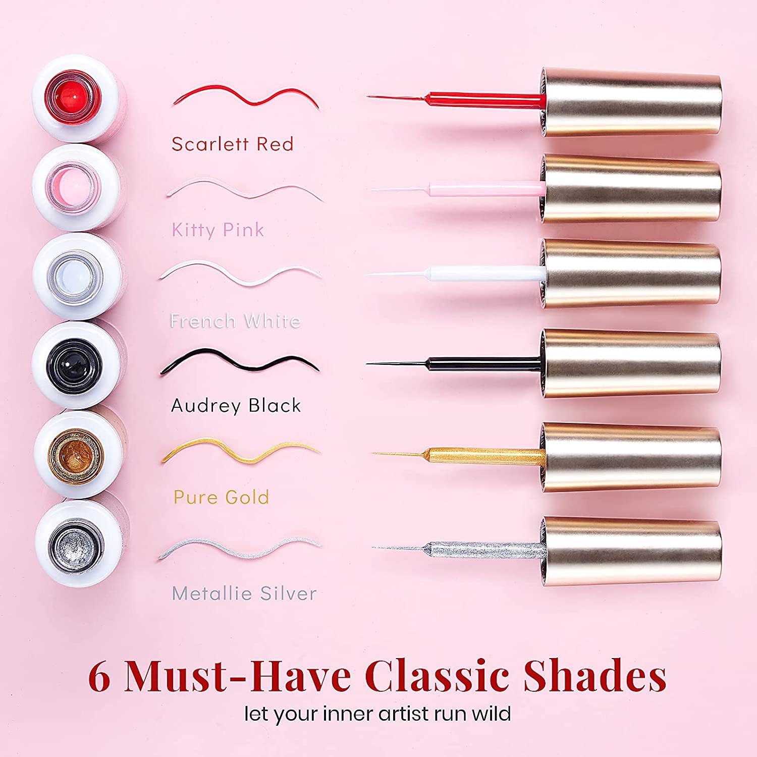 beetles Gel Polish Nail Art Liner Set 6 Pcs Black White Red Gold Silver Glitters Colors Paint Swirl Built Thin Brush in Bottle Soak off Led Lamp Manicure Kits : Beauty & Personal Care