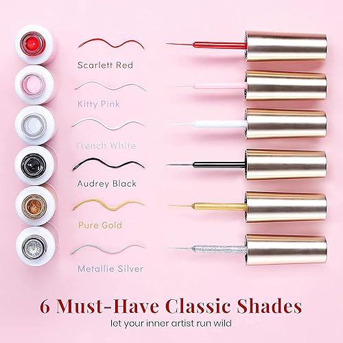 Miniatura 4 de beetles Gel Polish Juego de delineadores de uñas con pegamento de uñas 5 en 1 y kit de gel base, 6 piezas, negro, blanco, rojo, dorado, plateado,