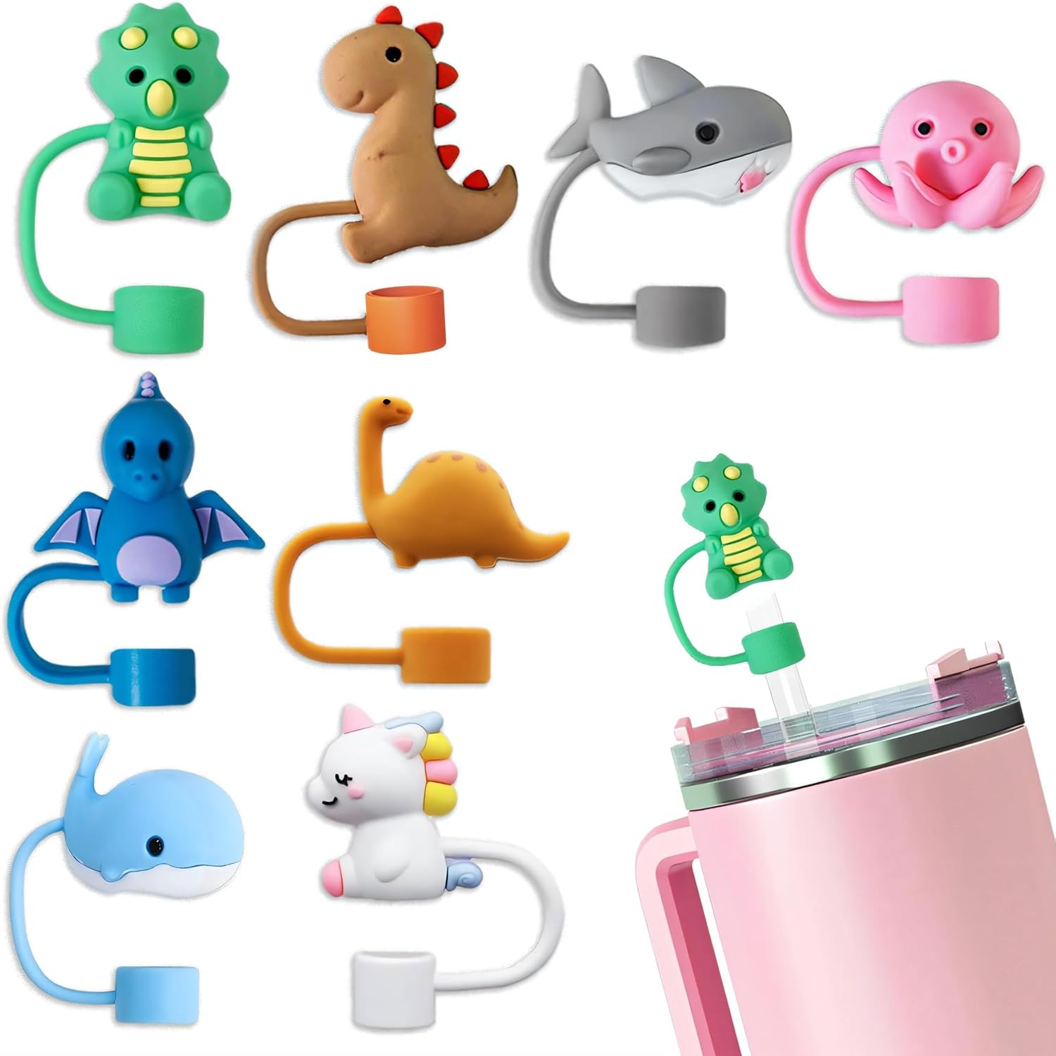 8 Pack Animal Straw Cover Cap for Stanley Cup 30&40 Oz Tumbler, Silicone Straw Topper Protector Lid in Various Shapes, Reusable Cute Dinosaurs Covers for 0.4 Inch/10 mm Straws