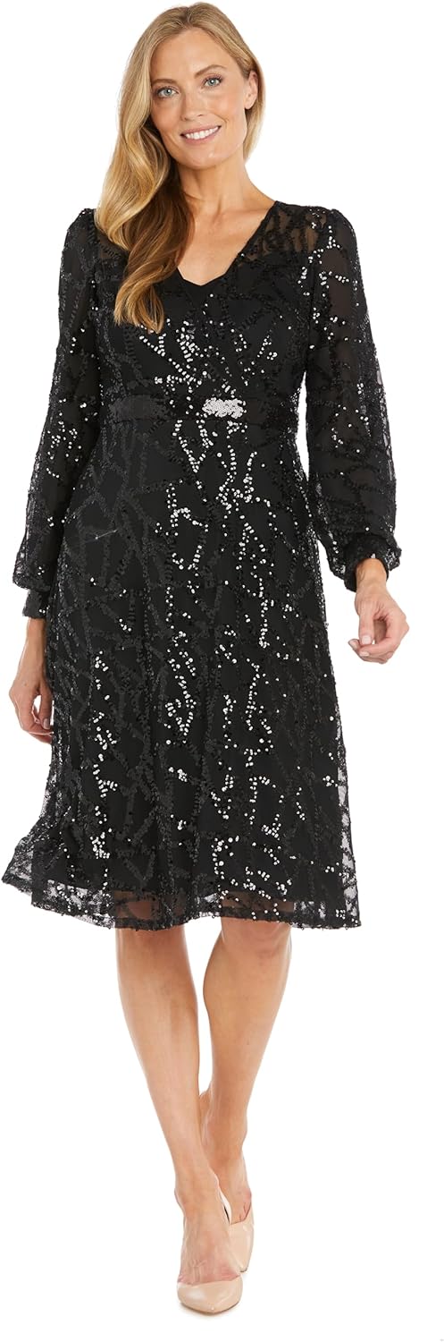 R&M Richards Intricate Black Beaded Wrap Dress W/Long Cuffed Sleeves - Knee Length Party Dress