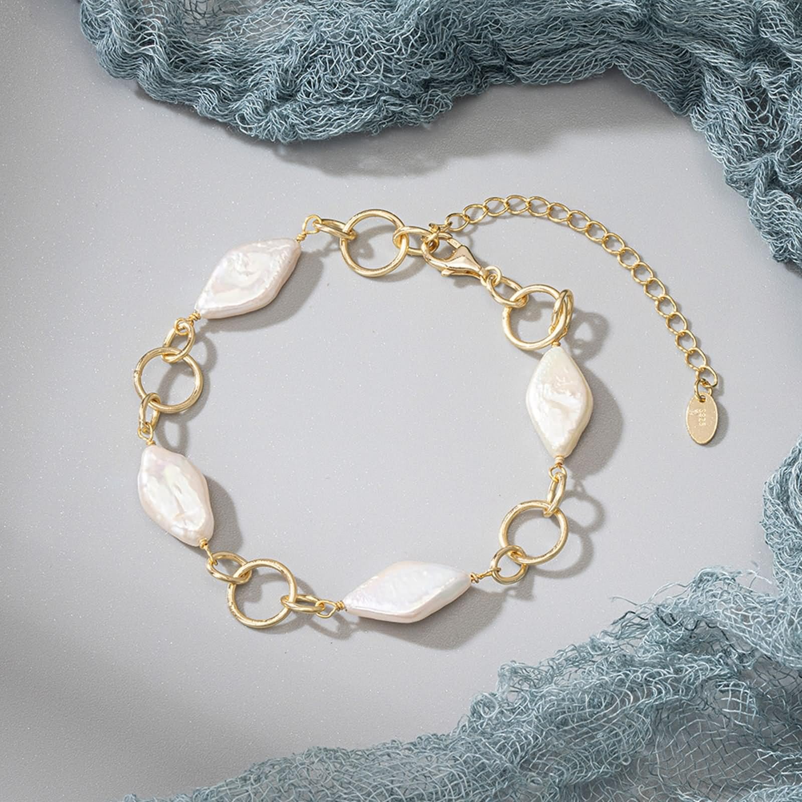 Pulsera la Amistad Oro, Pulsera Plata Ley Mujer Pulsera Amigos Perlas Irregulares 18+5cm