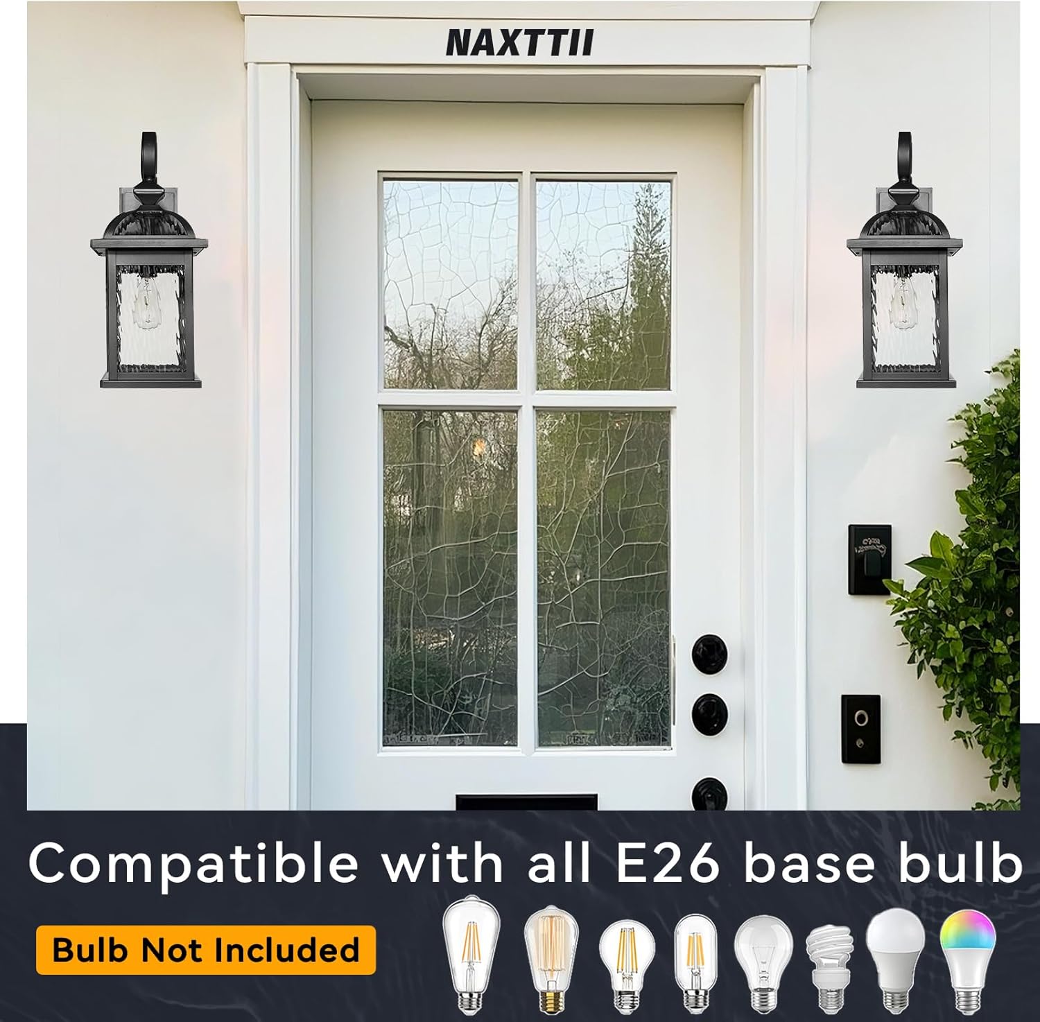 Outdoor Wall Lights Black Exterior Light Fixture Wall Mount with Water Ripple Glass 15 Inch Height Outdoor Wall Lamps 2-Pack Waterproof E26 Socket