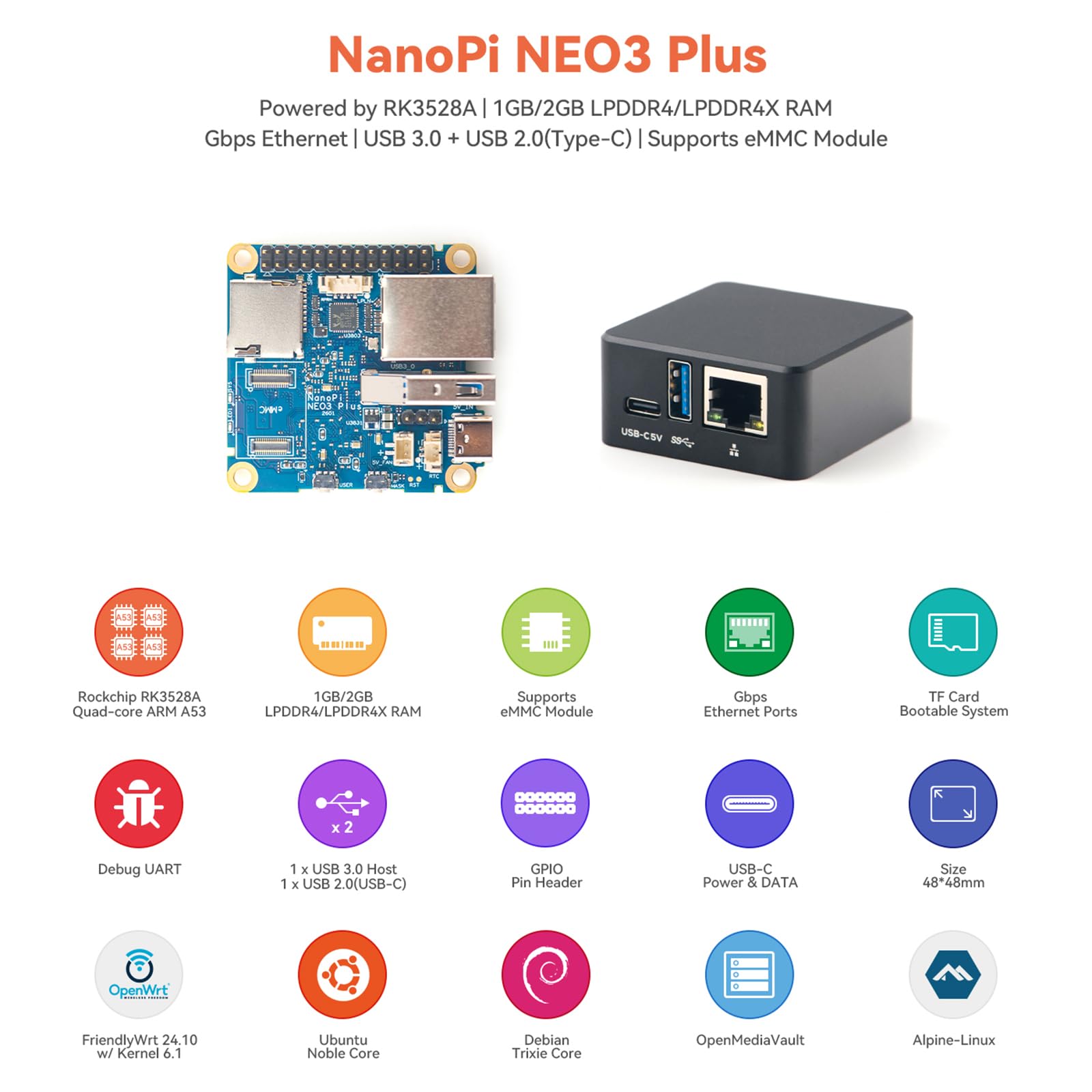 FriendlyElec NanoPi NEO3 Plus Mini Router, RK3528A, 1GB RAM, Single Board Computer, Gigabit Ethernet,USB 3.0, Support eMMC/OpenWrt for IoT NAS Smart Home (with 64GB eMMC,with Case)
