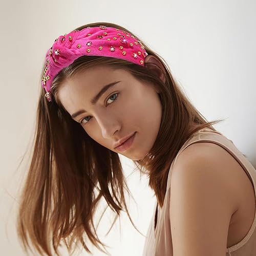 Miniatura 4 de YAHPERN Diadema anudada de cristal para mujer, diadema brillante con diamantes de imitación, cuentas doradas, diadema con nudo superior ancho,