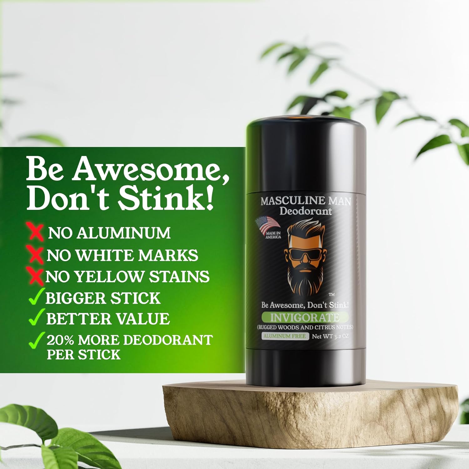 Deodorant for Men - Aluminum Free Mens Deodorant - Natural Deodorants - Sweat Protection for Underarm, Stain-Free Stick Deodorants, Made in USA, 3.2oz (Pack of 2, Invigorate)