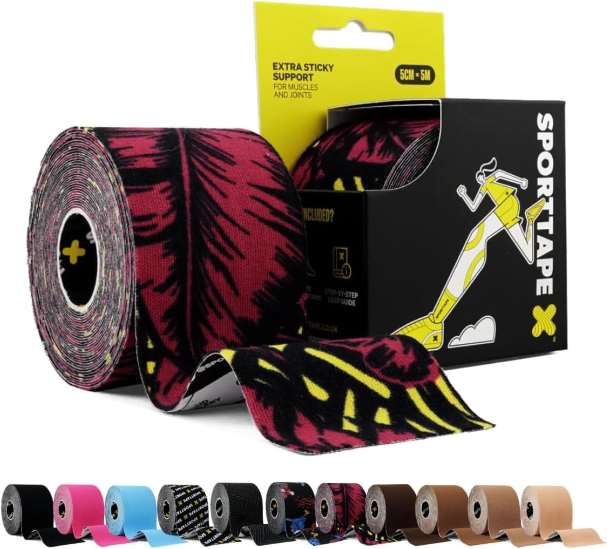 SPORTTAPE Kinesiology Tape, 5cm x 5m, Wild - Waterproof & Hypoallergenic Kinetic Physio Tape for Muscle Injury Recovery, Sports Strapping, Knee Pain, Joint Support & Blisters - Single Uncut Roll