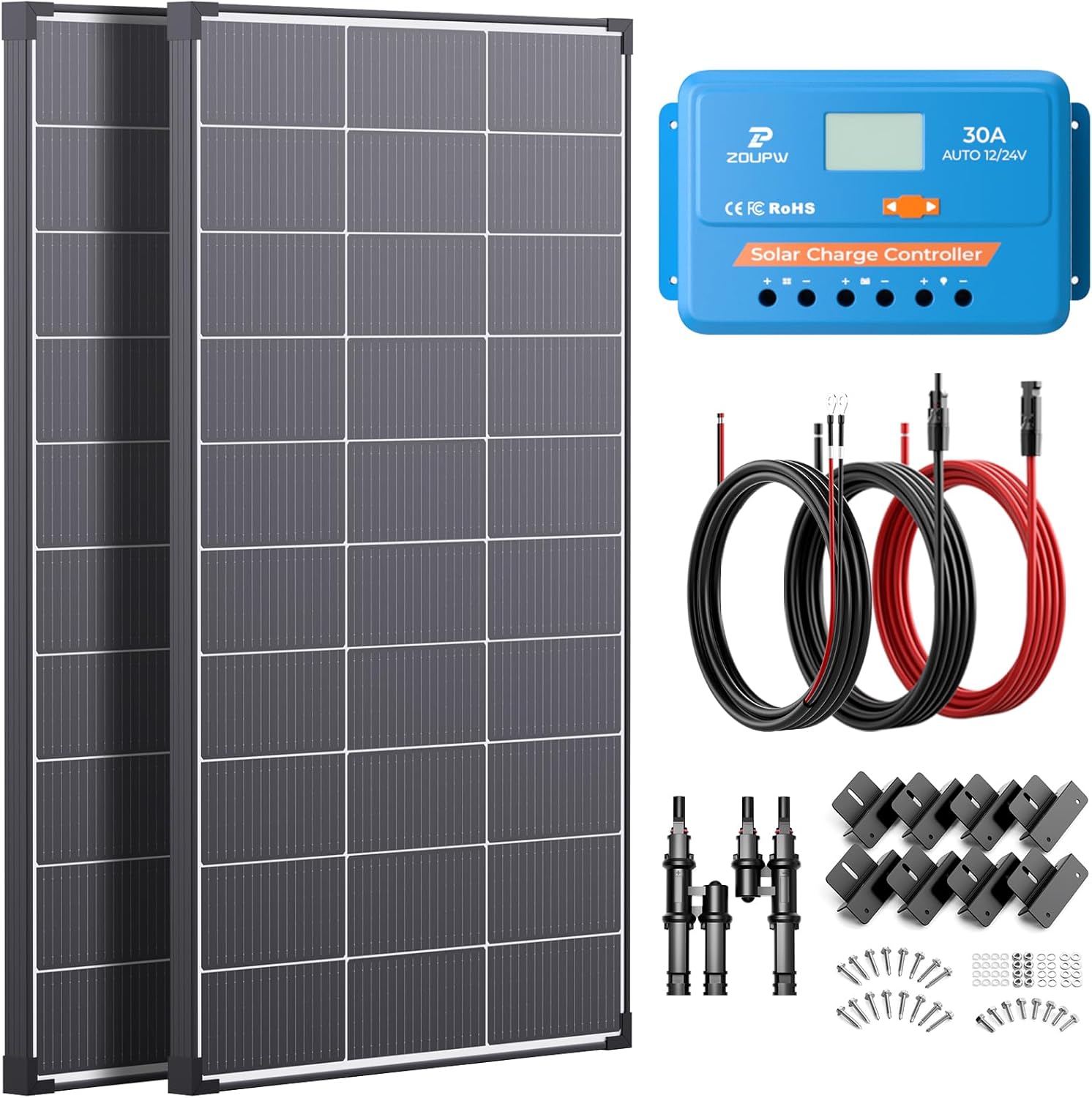 220W N-Type 16BB Solar Panel Kit(2 * 110W) with 30A PWM Charge Controller,25% High Efficiency Mono Offgrid Power System for 12V/24V Battery,11AWG Cables Y-connectors for RV Boat Camper Cabin