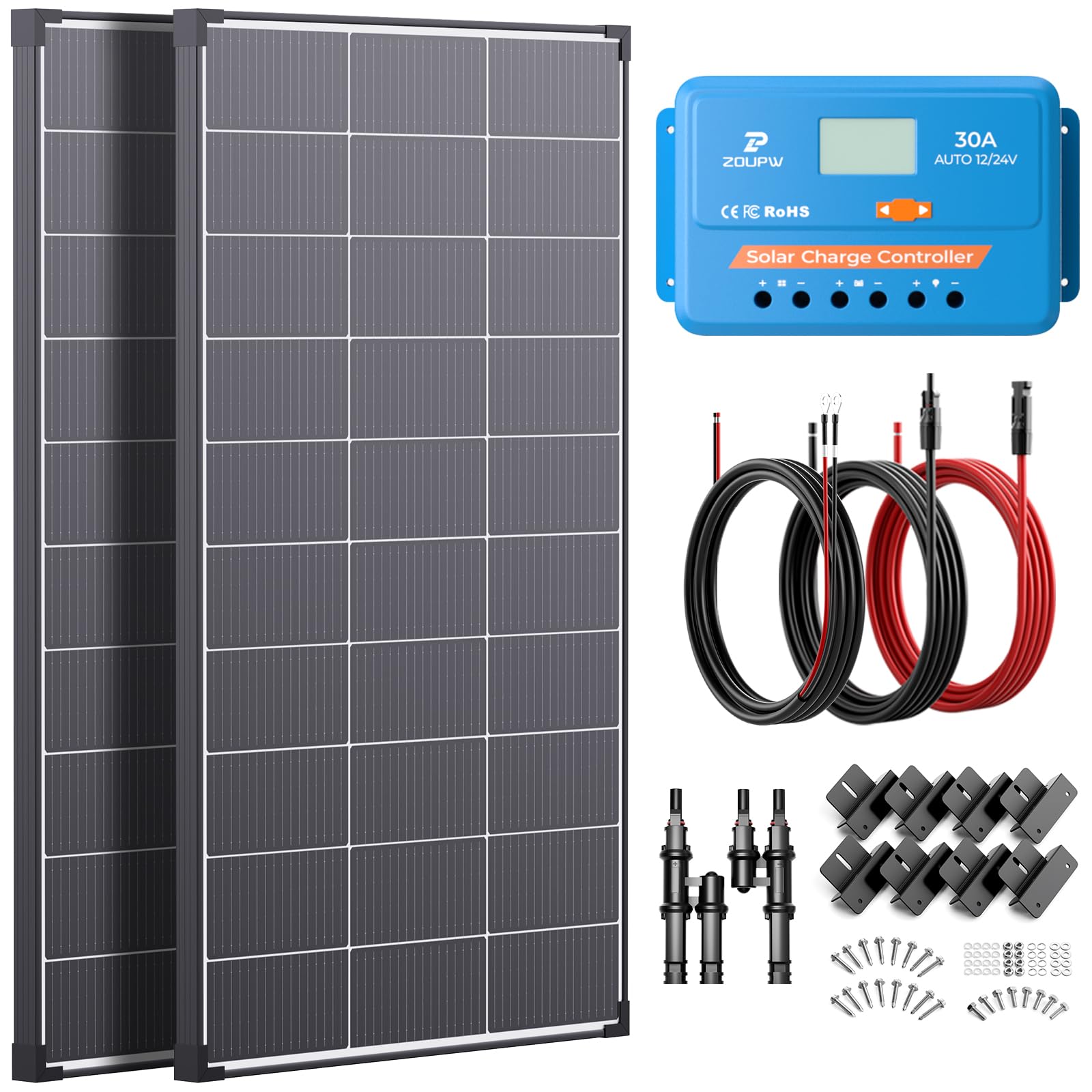 220W N-Type 16BB Solar Panel Kit(2 * 110W) with 30A PWM Charge Controller,25% High Efficiency Mono Offgrid Power System for 12V/24V Battery,11AWG Cables Y-connectors for RV Boat Camper Cabin