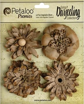 Petaloo Darjeeling Paper Wild Blossoms, 2.25-Inch to 2.5-Inch, Craft Brown, 4-Pack