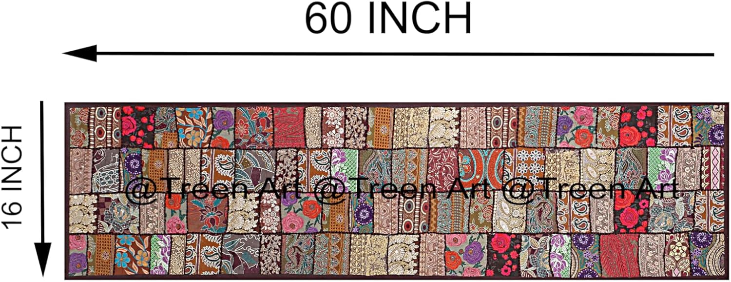 Treen Art New Linen Table Runner Ethnic 100% Cotton Embroidered Handcrafted Home Decor Long Patchwork Dining Table Cloth (Brown, 16"" W x 60"" L)