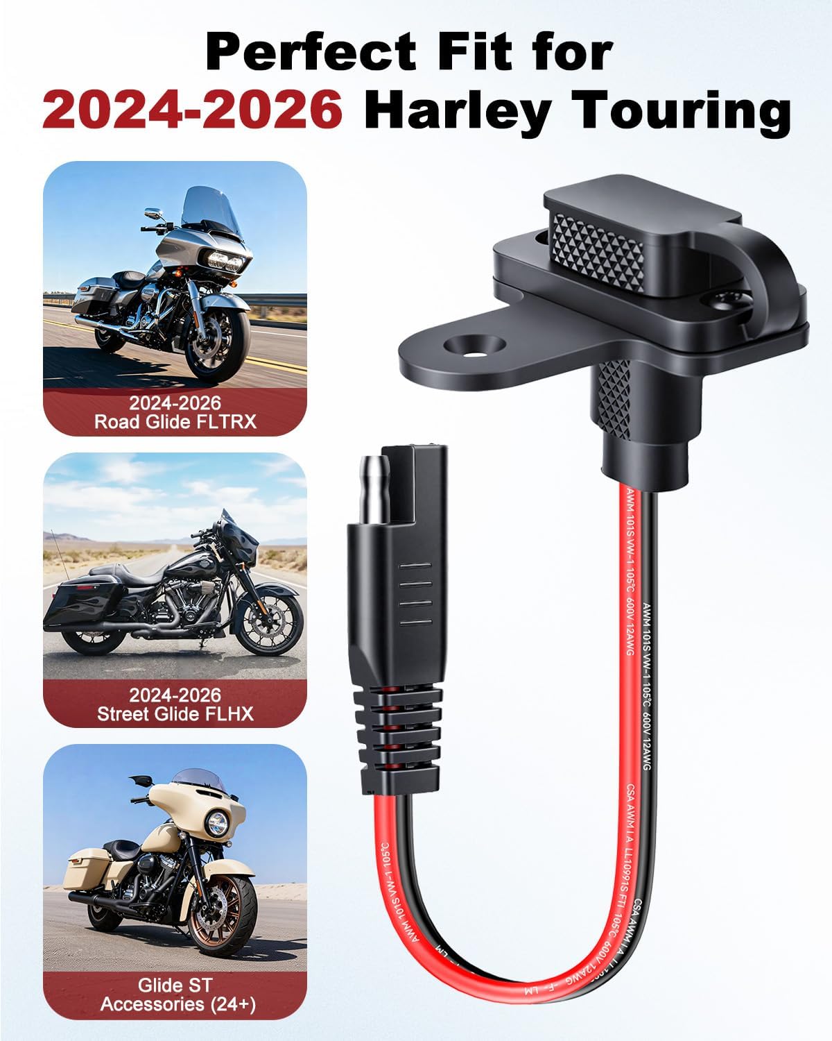 EXTRACTME Motorcycle Battery Charger Bracket, Charging Port Mount Fit for Harley Road Glide FLTRX & Street Glide FLHX 2024-2025 & Road Glide ST, SAE Charging Port Mount with Cable Holder