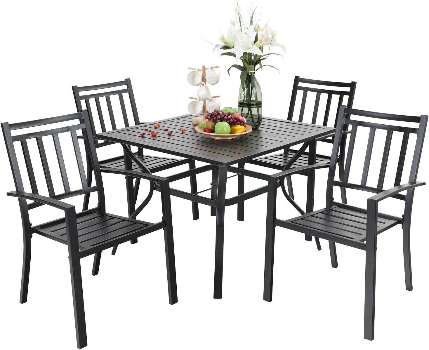 PHI VILLA Dining Set 5 Pcs 1 Metal Square Garden Umbrella Table 37" and 4 Stackable Armrest Chairs for Ourdoor Backyard Bistro Furniture Set
