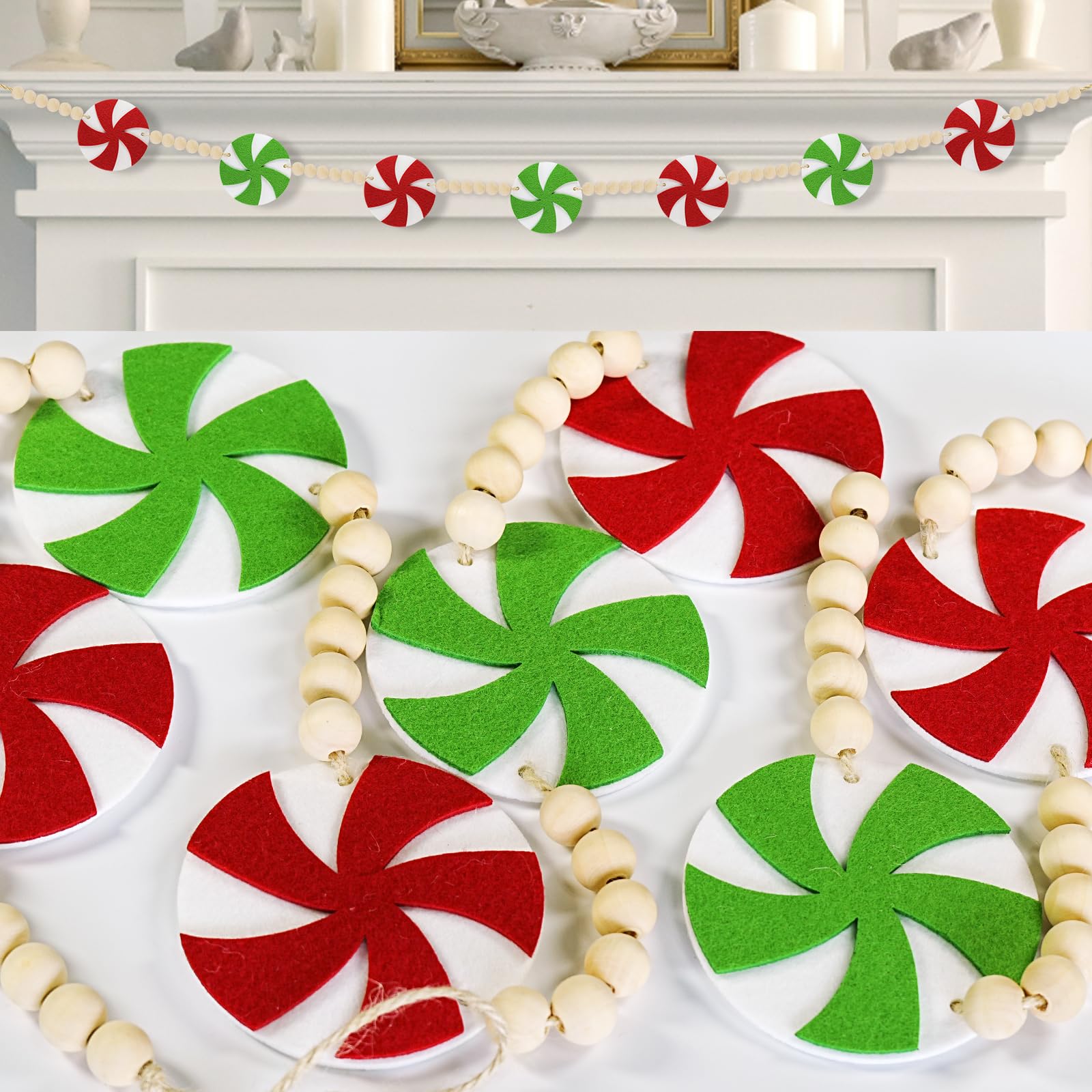 Christmas Garland Decorations, Red & Green Peppermint Felt Wood Beads Garland - Green Themed Christmas Felt Garland for Mantle, Tree, or Wall Decor - Christmas Garland Home Decorations