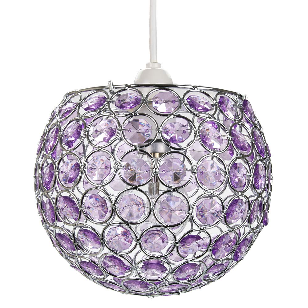 Modern Round Globe Easy Fit Pendant Shade with Small Purple Acrylic Bead Jewe...