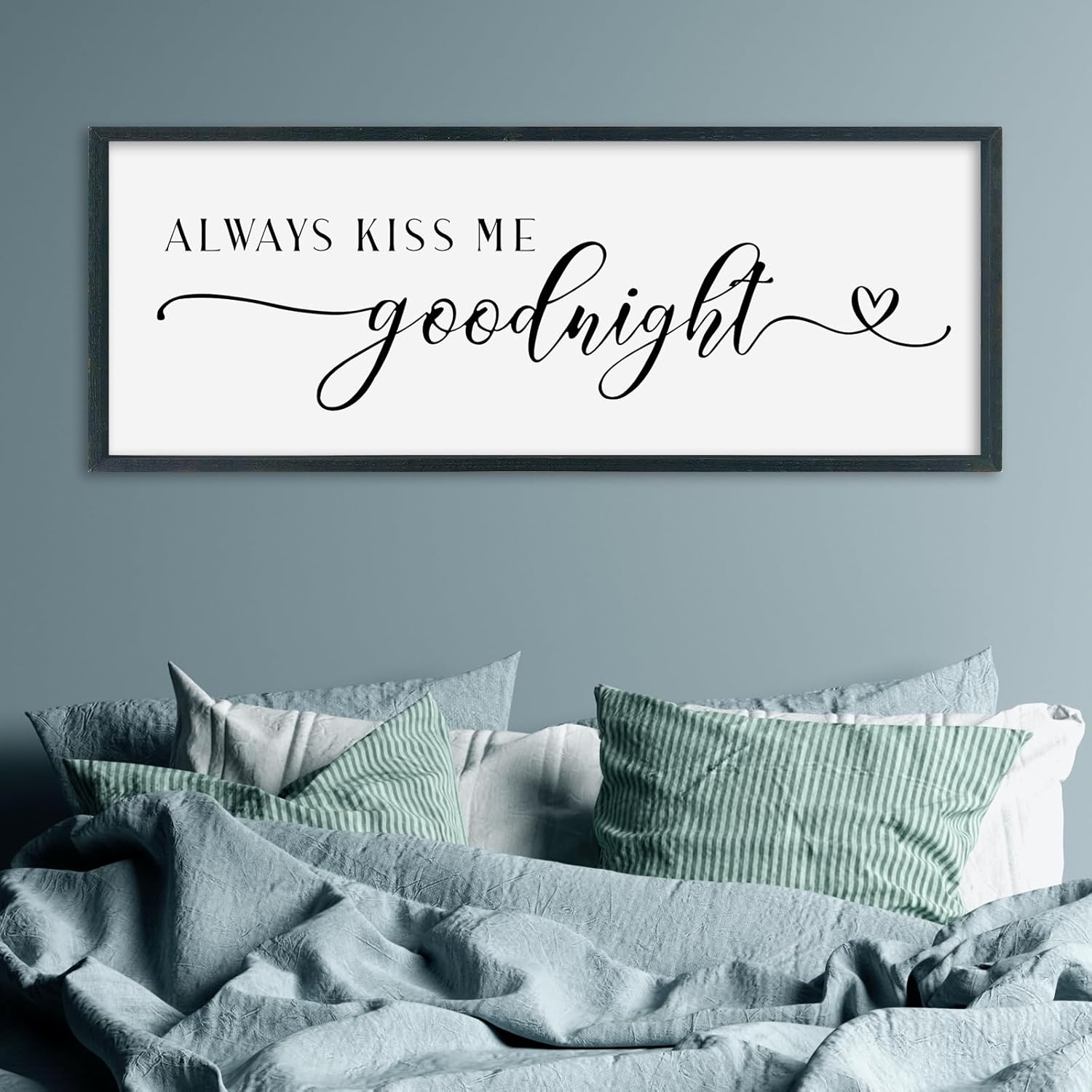 SRSZHIYUE Romantic Always Kiss Me Goodnight Sign Wall Decor 40"×15" for Love Theme Master Bedroom Above Bed Simple Modern Farmhouse Large Wood Framed Wall Horizontal Art Hanging (Black) 40"L x 15"W Always Kiss Me Goodnight?Black)