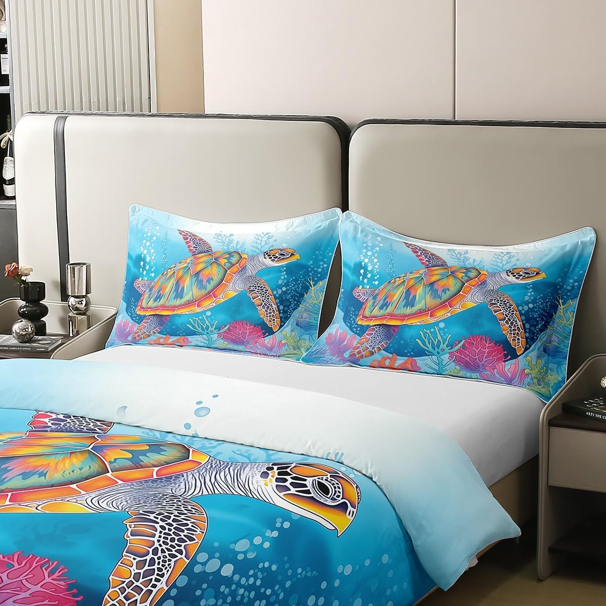 Sea Turtle 100% Cotton Duvet Cover Twin Watercolor Tortoise Bedding Set for Girls Boys Kids Underwater Ocean Life Comforter Cover Cartoon Cute Coral Quilt Cover with 1 Pillowcase,No Comforter