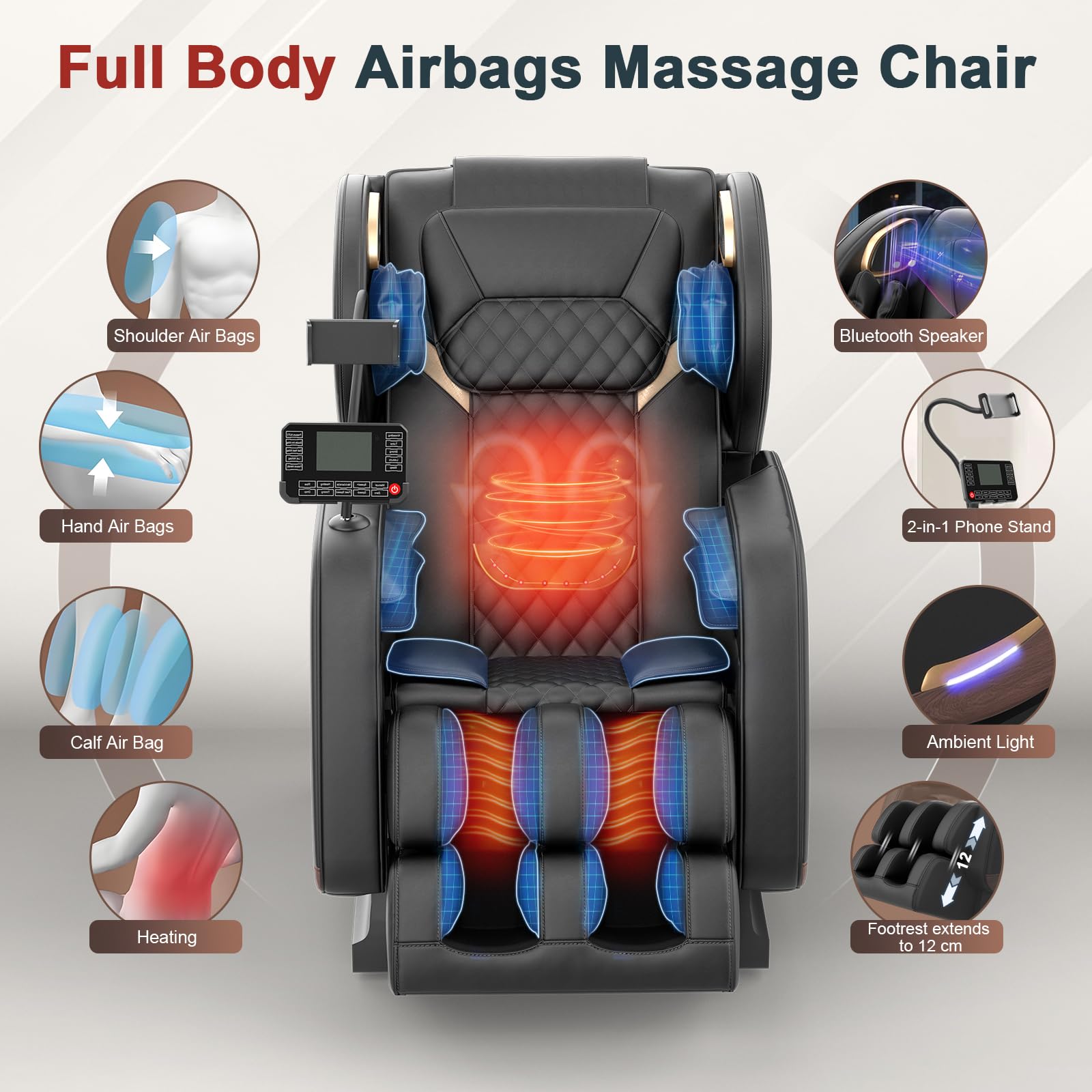 Ganzkörper Massagesessel mit 14 Massagerollen, 8 Airbags, Massagesessel mit Wärmefunktion-Beine und Taillenheizung, Bluetooth-Lautsprecher, Touchscreen-Controller, Zero-Gravity-Liegestuhl für Heimkino
